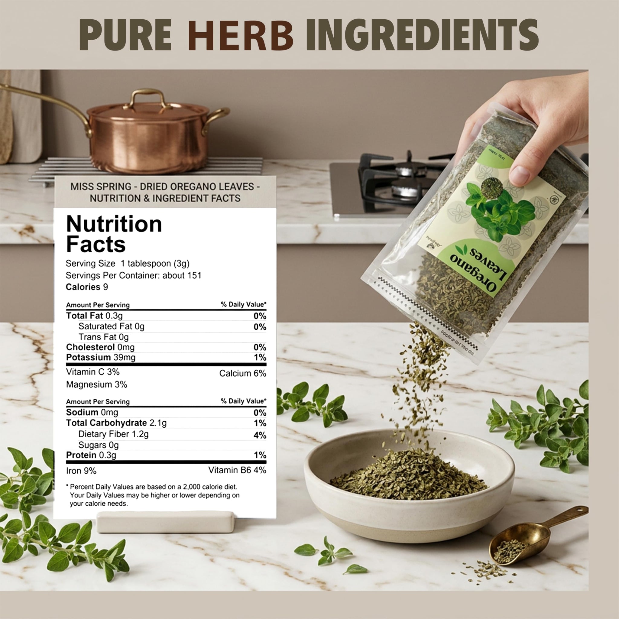Miss Spring Dried Oregano Leaves - Non-GMO, No Additives - Finely Cut Oregano Dried Leaves Seasoning & Spice - Fresh Dry Herb Seasoning for Pasta