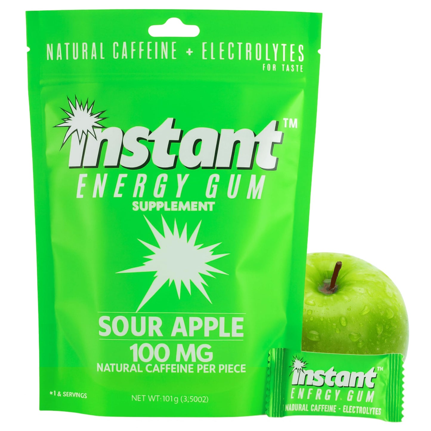 Instant Energy Gum | 100 mg Natural Caffeine | Sugar Free Sour Apple Xylitol Gum with Electrolytes | Fast-Acting Caffeine Gum & Clean Energy Drink