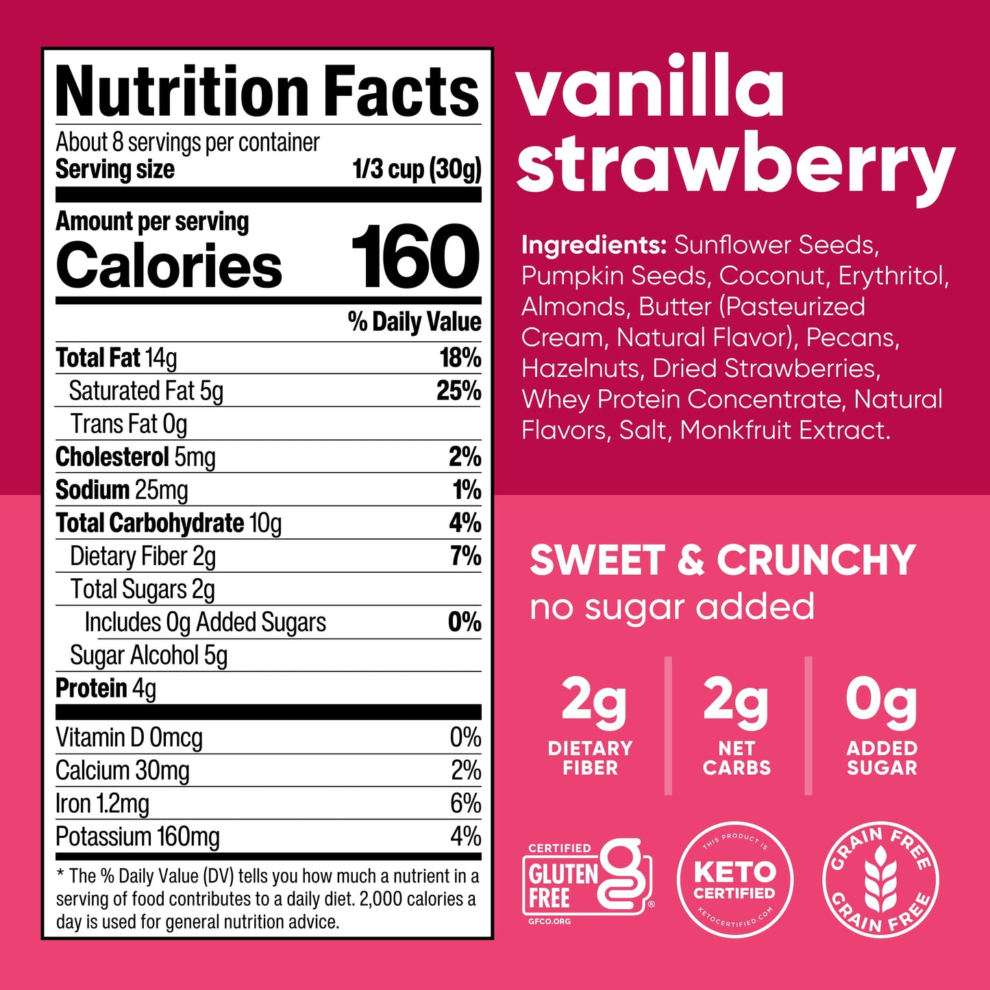 NuTrail Nut Granola Cereal, Vanilla Strawberry, No Sugar Added, Keto, Low Carb, Gluten Free, Grain Free, Healthy Breakfast 8 oz. 1 Count