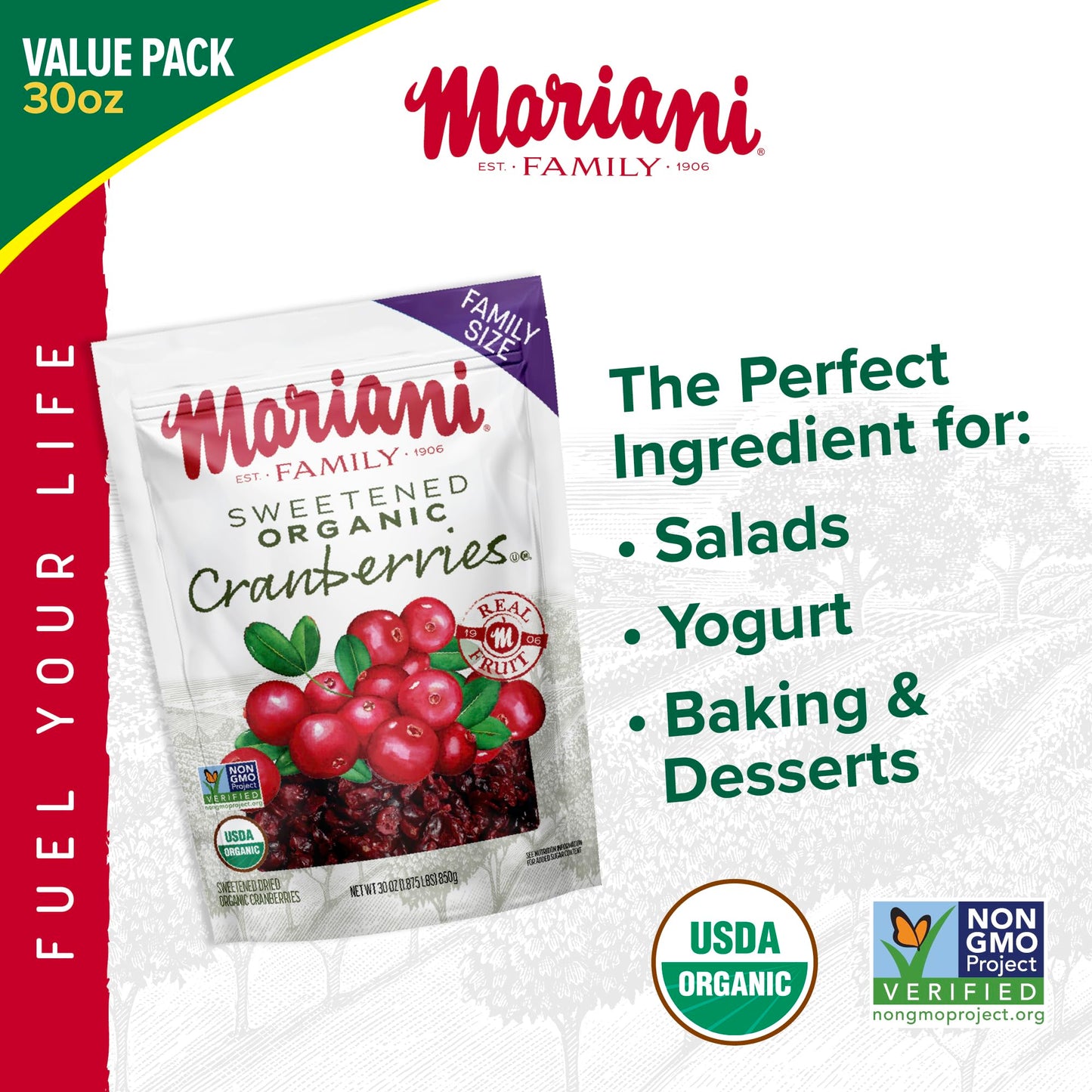 Mariani Organic Dried Cranberries, 30oz, Bulk Family Size Value Pack, Sweetened Organic Cranberries Dried Fruit, Vegan, Gluten-Free