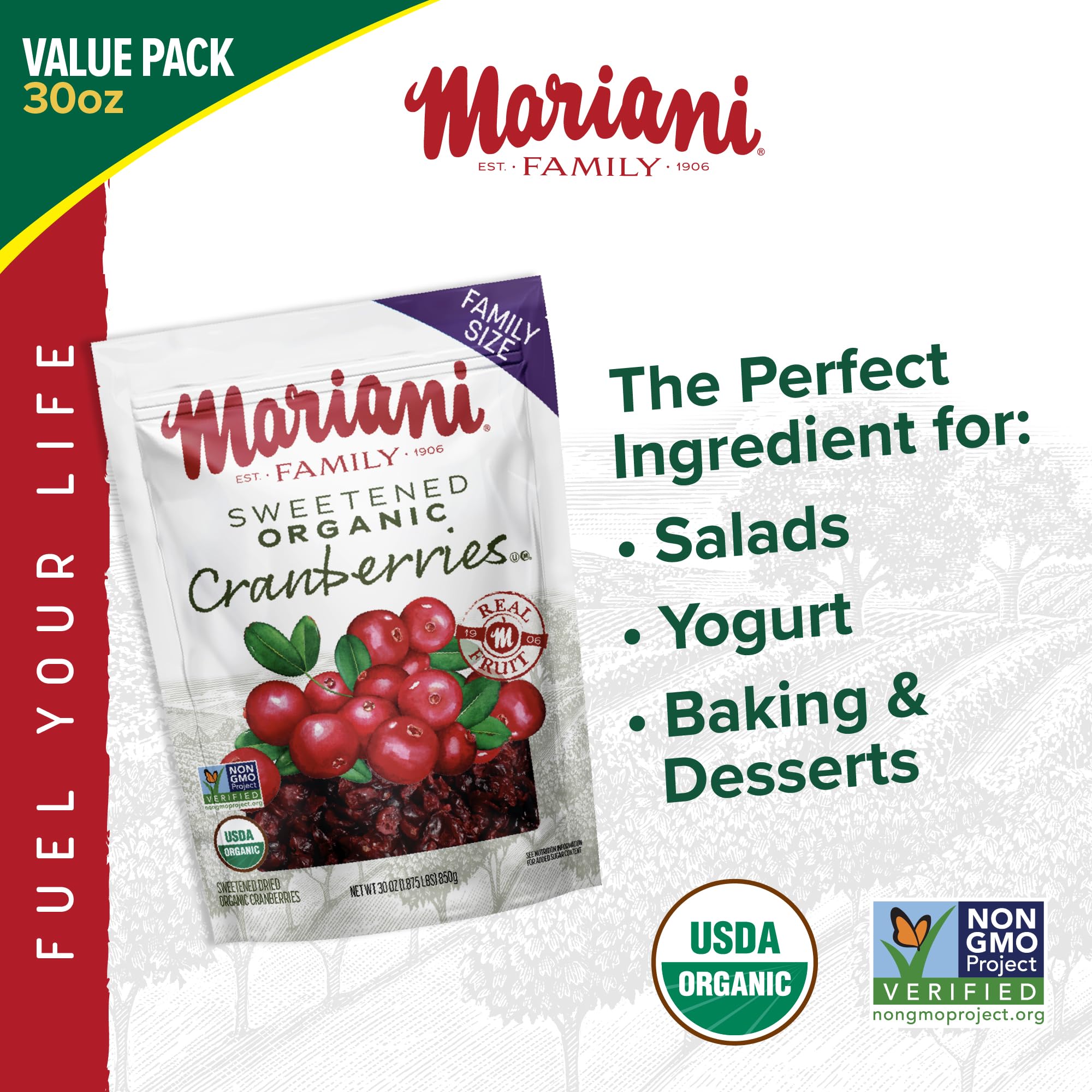 Mariani Organic Dried Cranberries, 30oz, Bulk Family Size Value Pack, Sweetened Organic Cranberries Dried Fruit, Vegan, Gluten-Free