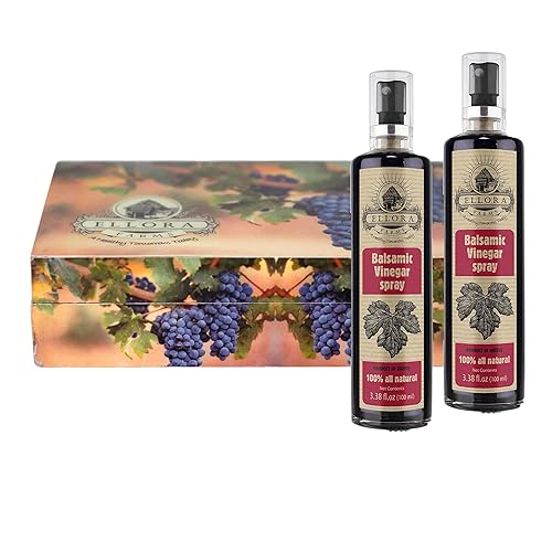 Ellora Farms, Balsamic Vinegar Spray bottle, clog-free pump, barrel aged, Greece, 3.38 oz X 2 Glass bottles in Handcrafted Wooden Gift Box