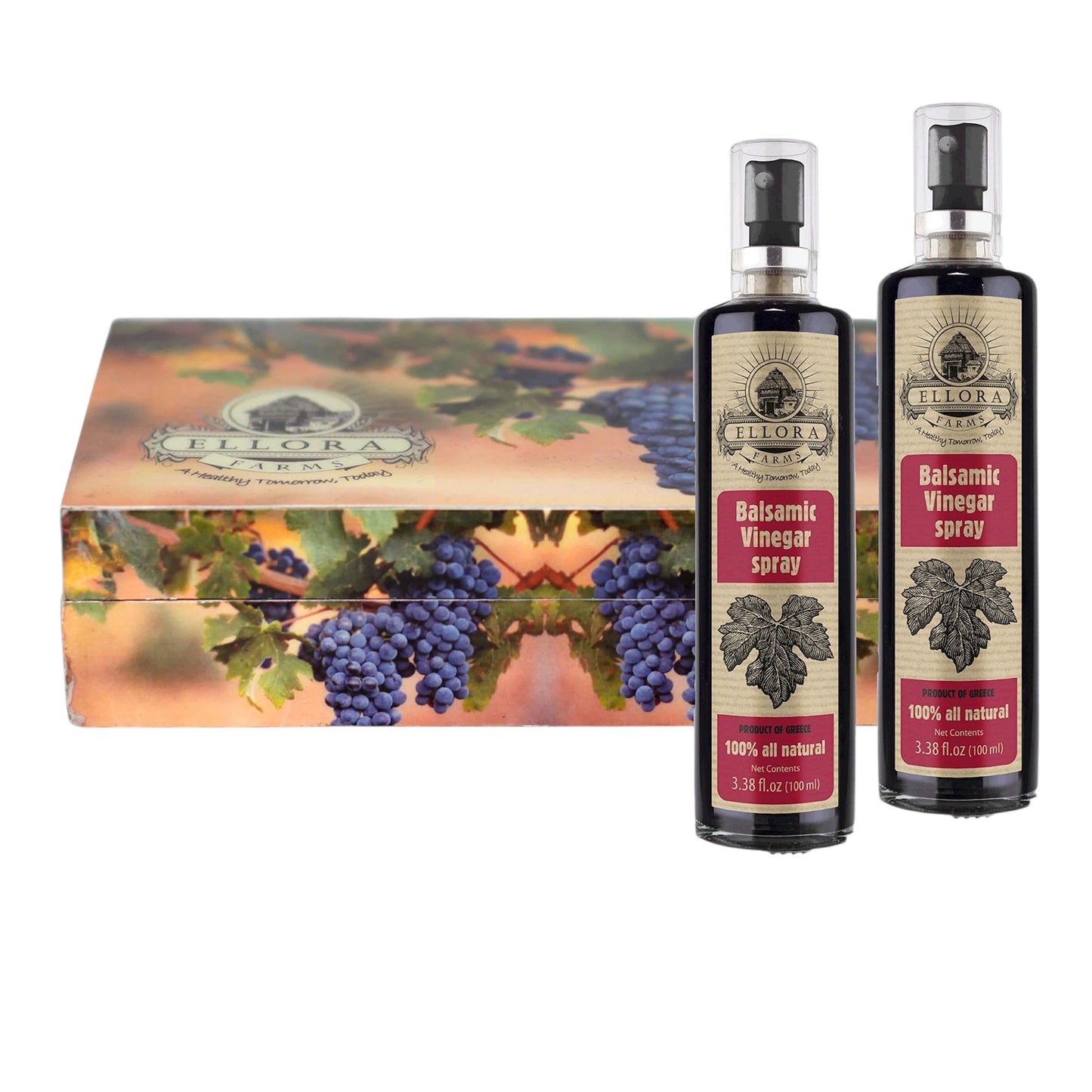 Ellora Farms, Balsamic Vinegar Spray bottle, clog-free pump, barrel aged, Greece, 3.38 oz X 2 Glass bottles in Handcrafted Wooden Gift Box