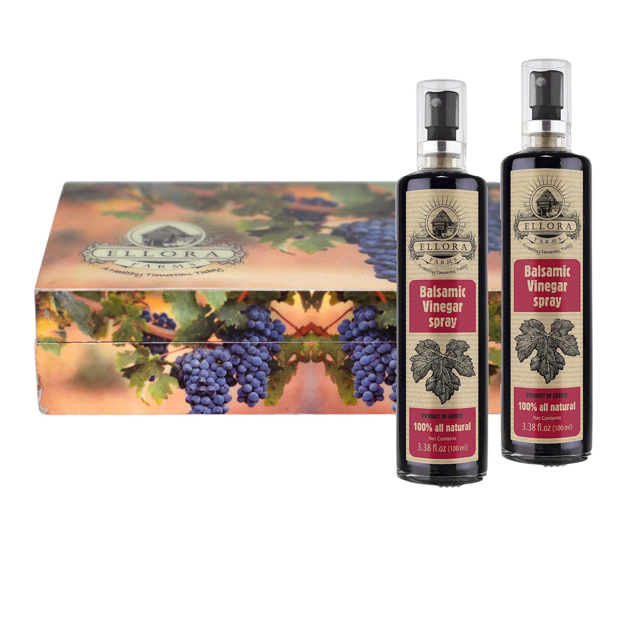 Ellora Farms, Balsamic Vinegar Spray bottle, clog-free pump, barrel aged, Greece, 3.38 oz X 2 Glass bottles in Handcrafted Wooden Gift Box