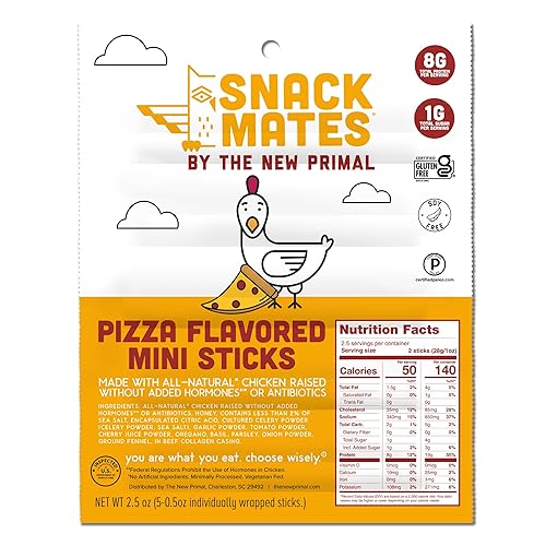 Snack Mates by The New Primal, Chicken Pizza Meat Stick, All Natural Chicken, High Protein and Low Sugar Kids Snack, Certified Paleo, Certified Gluten