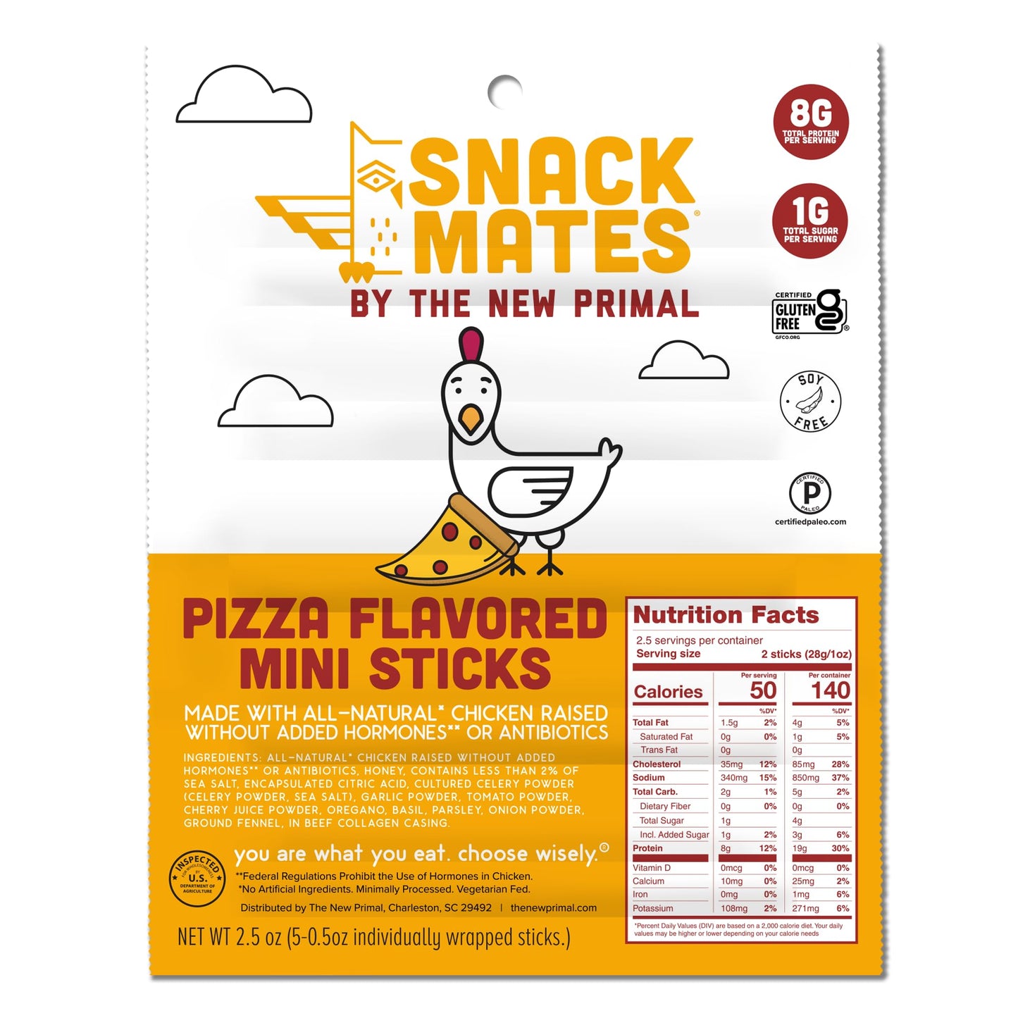 Snack Mates by The New Primal, Chicken Pizza Meat Stick, All Natural Chicken, High Protein and Low Sugar Kids Snack, Certified Paleo, Certified Gluten