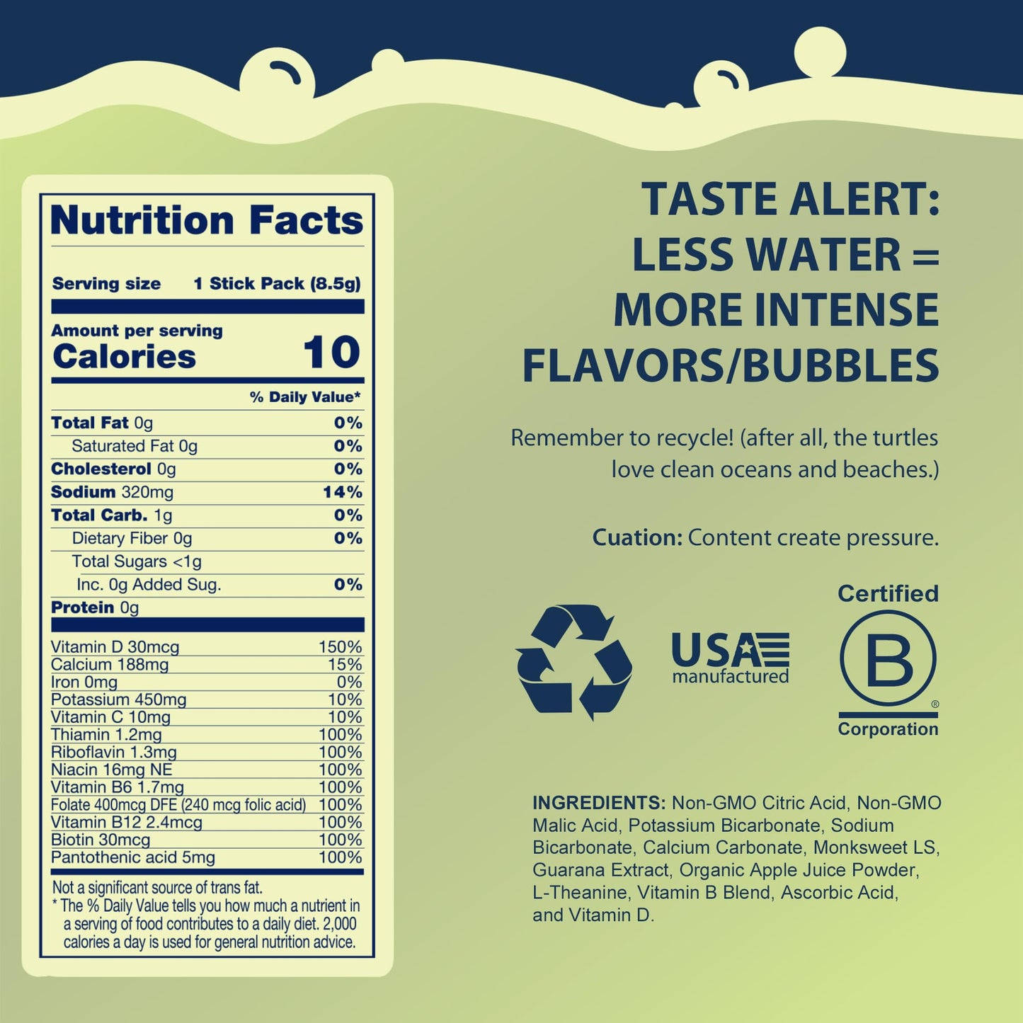 Bobelo Self Carbonating, Hydration Electrolytes Powder Drink Mix, Crisp Apple Rush, 100mg Guarana Caffeine, Sugar Free, 15 Pack