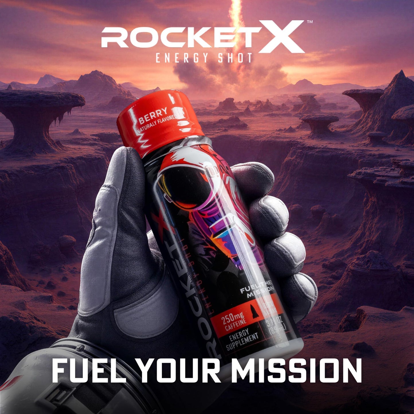 RocketX Energy Shot, Zero Calorie and Zero Sugar Energy Drink, with Natural Caffeine and B-Vitamins, Midnight Berry Flavor, 3 fl oz, Pack of 12