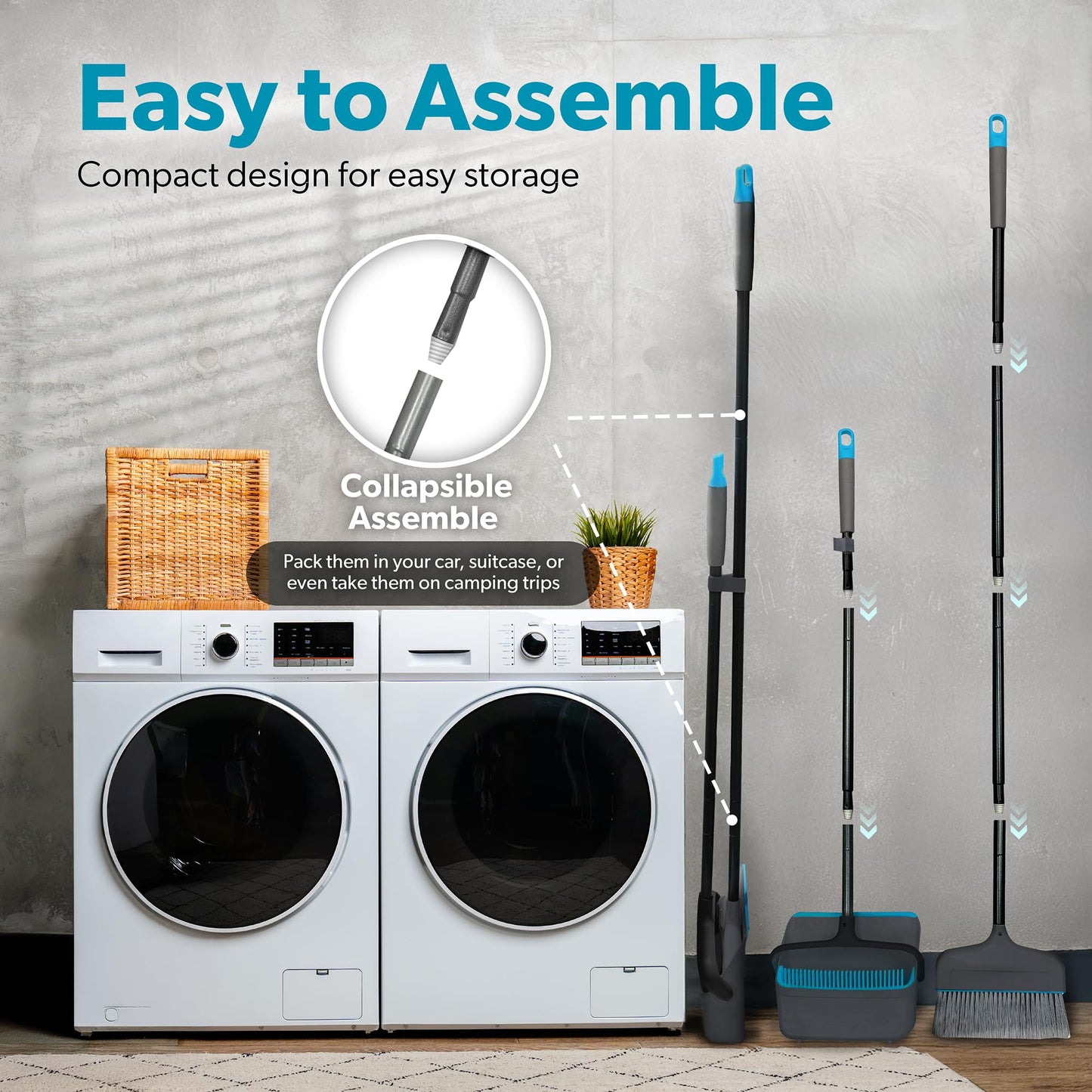 BLACK+DECKER Butler Broom & Dustpan Set - Short Handle, Stand-Up Design - Lightweight, Space-Saving Combo for Kitchen, Living Room, Bathroom, Lobby