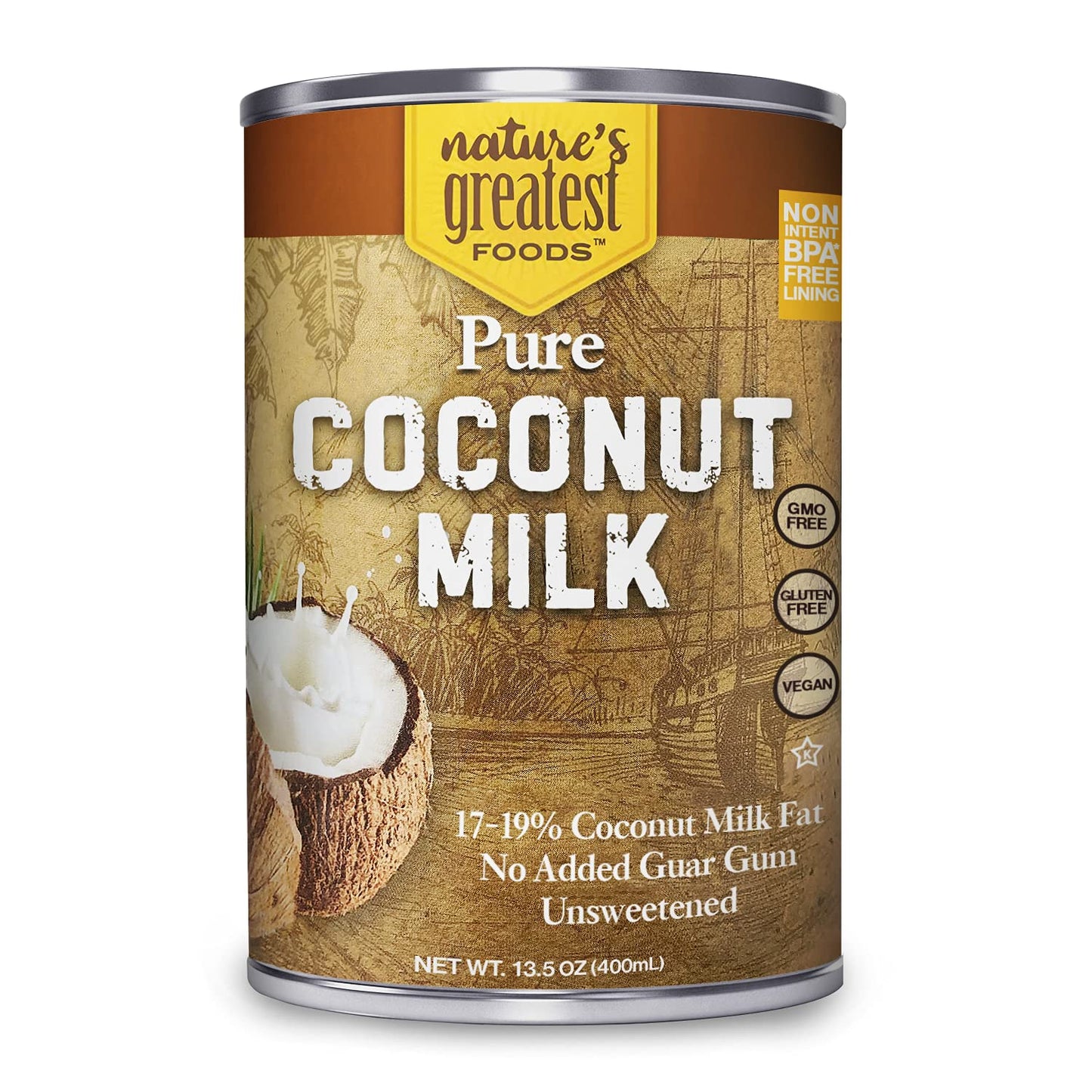 Nature’s Greatest Foods Pure Coconut Milk - No Guar Gum, No Additives, Non-GMO, BPA-Free, Vegan, Gluten-Free and Kosher, 17-19% Coconut Milk Fat, Unsweetened 12-pack