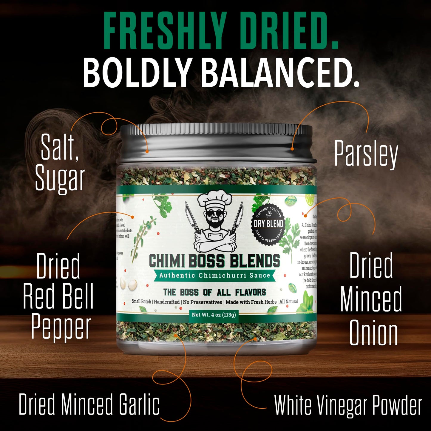 Chimi Boss Blends Chimichurri Original Dry Seasoning, 4 oz - Argentinian Herb & Garlic Rub with Parsley & Chili Flakes - All Natural Seasoning or DIY