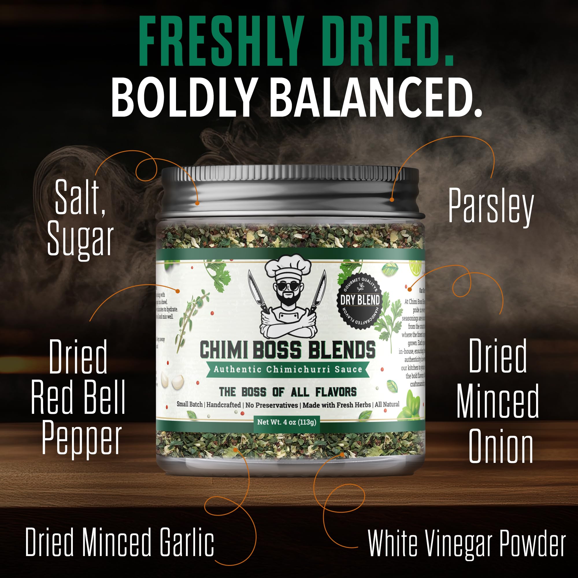 Chimi Boss Blends Chimichurri Original Dry Seasoning, 4 oz - Argentinian Herb & Garlic Rub with Parsley & Chili Flakes - All Natural Seasoning or DIY