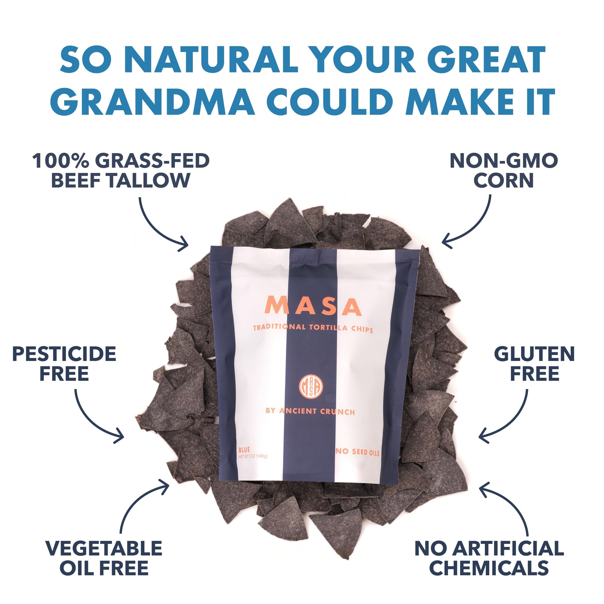 MASA Chips Blue Corn Tortilla Chips Cooked in Beef Tallow - Seed Oil Free Snack, 2pk×5 oz each- Handmade with Only Naturally Grown Blue Corn & Sea