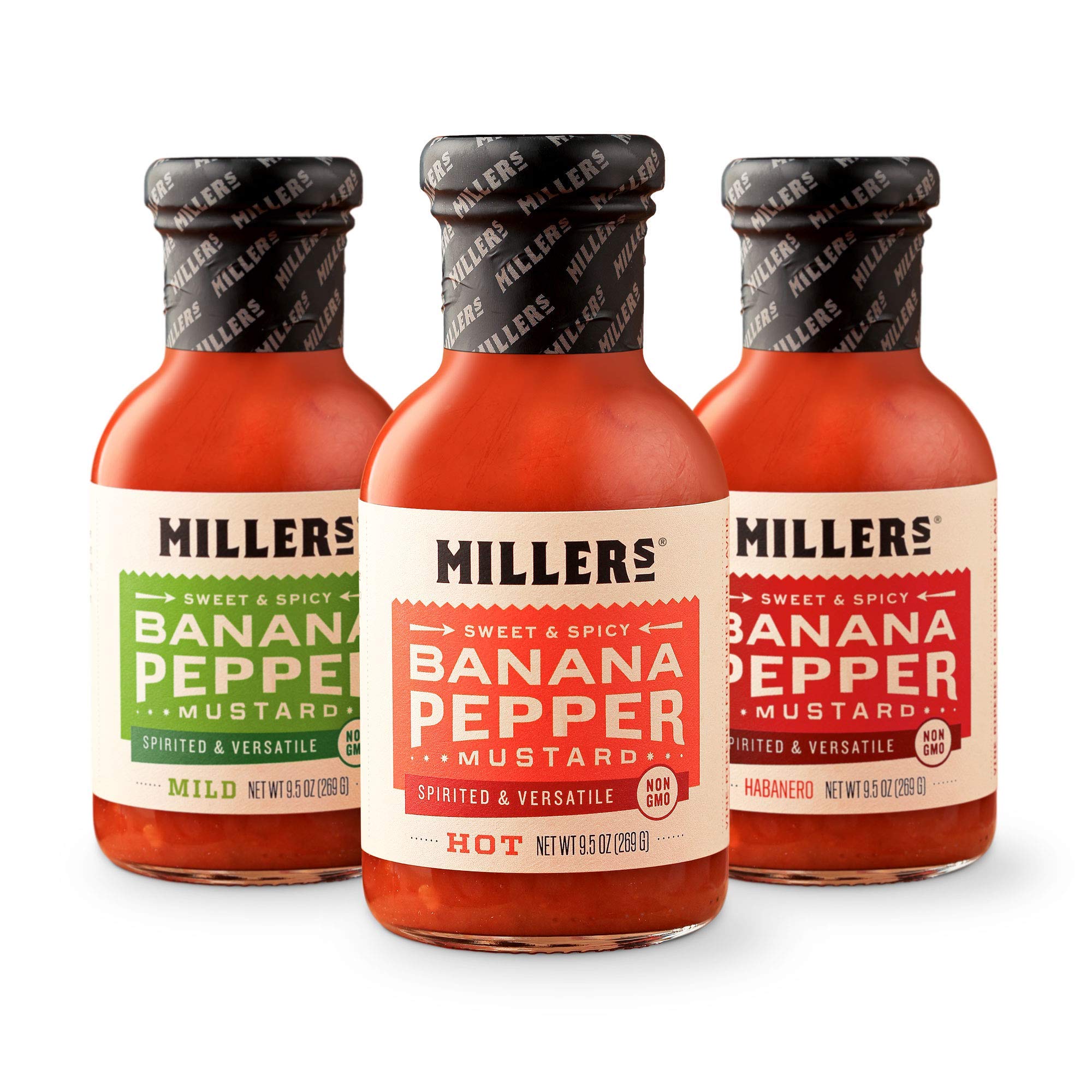 Miller's Banana Pepper Mustard Sauce Gift Box - Includes Hot, Mild, Habanero - Best Use for Chicken Wing, Burgers, Sandwich, Non-GMO Project Verified