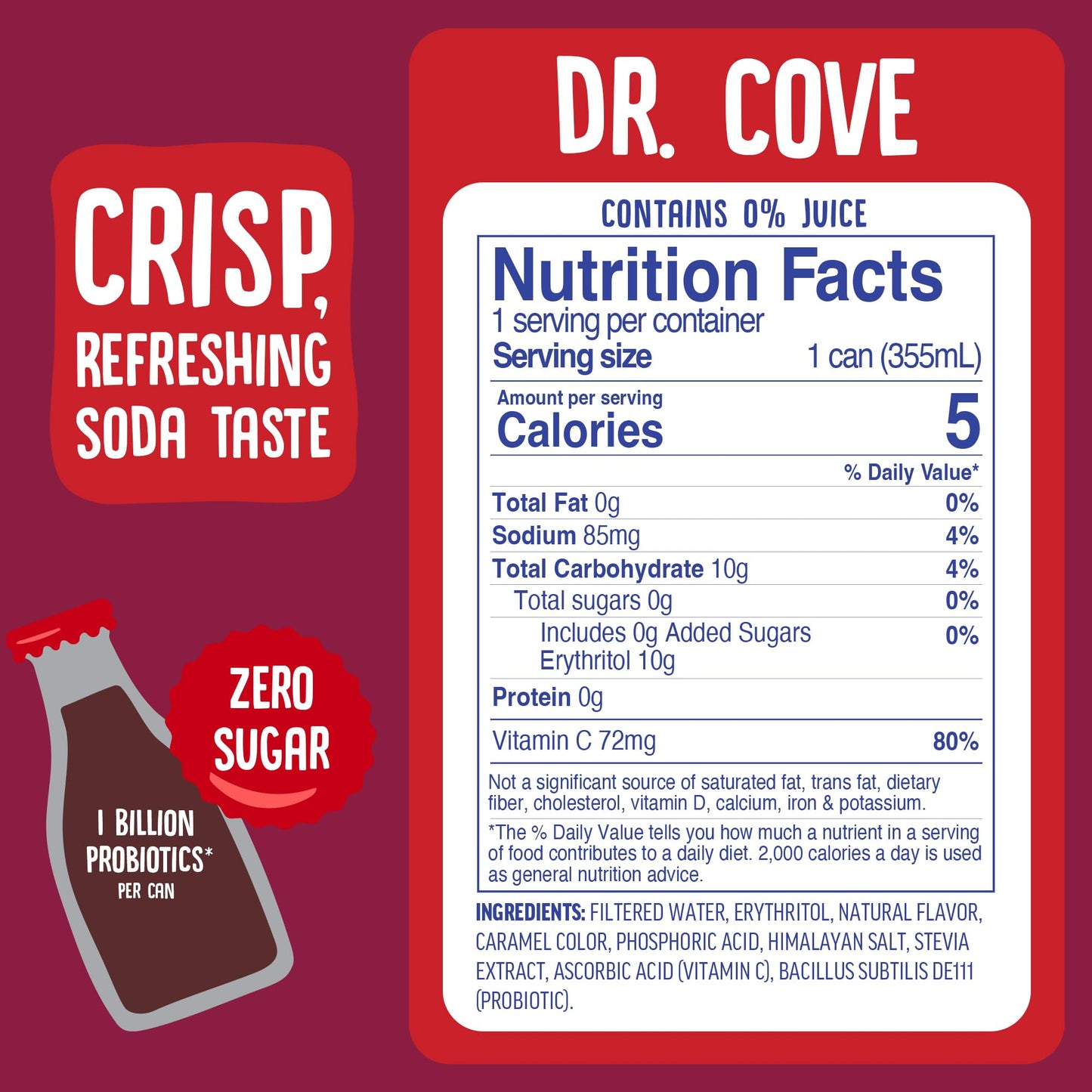 Cove Probiotic Soda, Zero Sugar Better-For-You Alternative - Refreshing, Delicious Probiotic Drink, No Synthetic Colors & Caffeine Free - Dr. Cove, 12