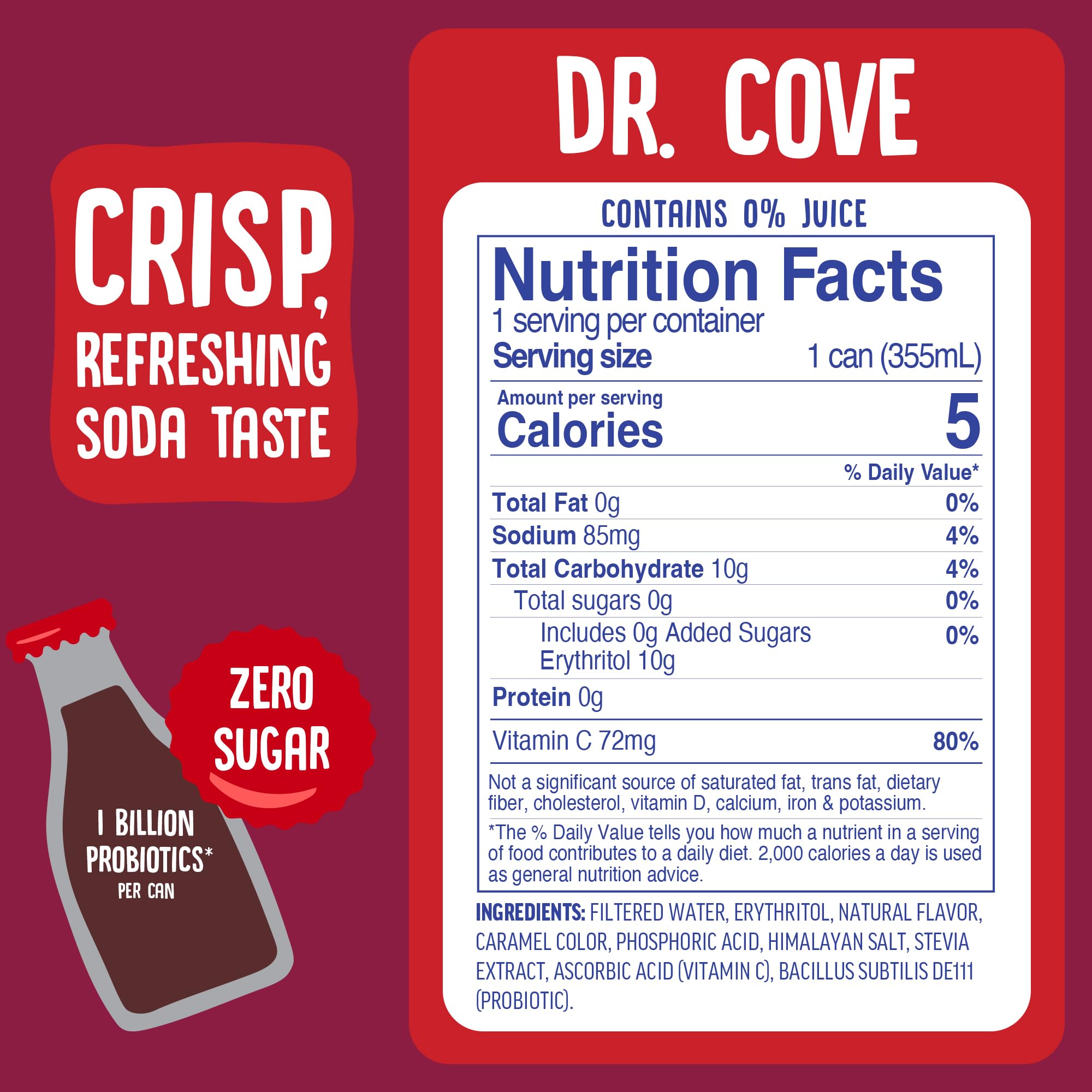 Cove Probiotic Soda, Zero Sugar Better-For-You Alternative - Refreshing, Delicious Probiotic Drink, No Synthetic Colors & Caffeine Free - Dr. Cove, 12