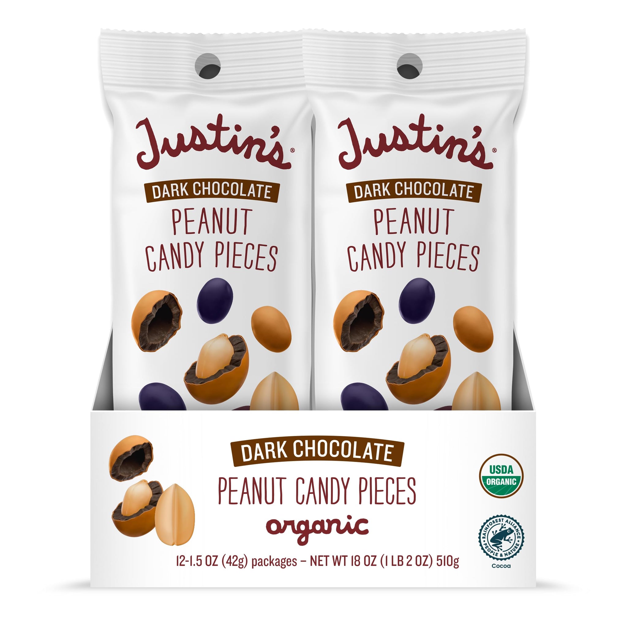 Justin's Dark Chocolate Peanut Candy Pieces 12pk of 1.5oz bags Organic, Gluten Free, Non-GMO, Responsibly Source, Rainforest Alliance Certified Cocoa