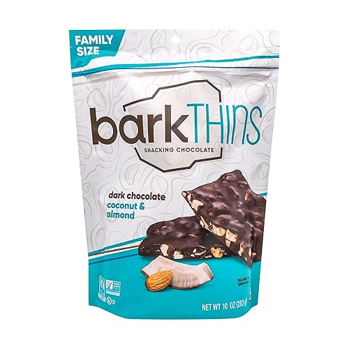 barkTHINS Dark Chocolate Coconut and Almond Snacking Chocolate, Holiday, 10 oz Family Size Bag