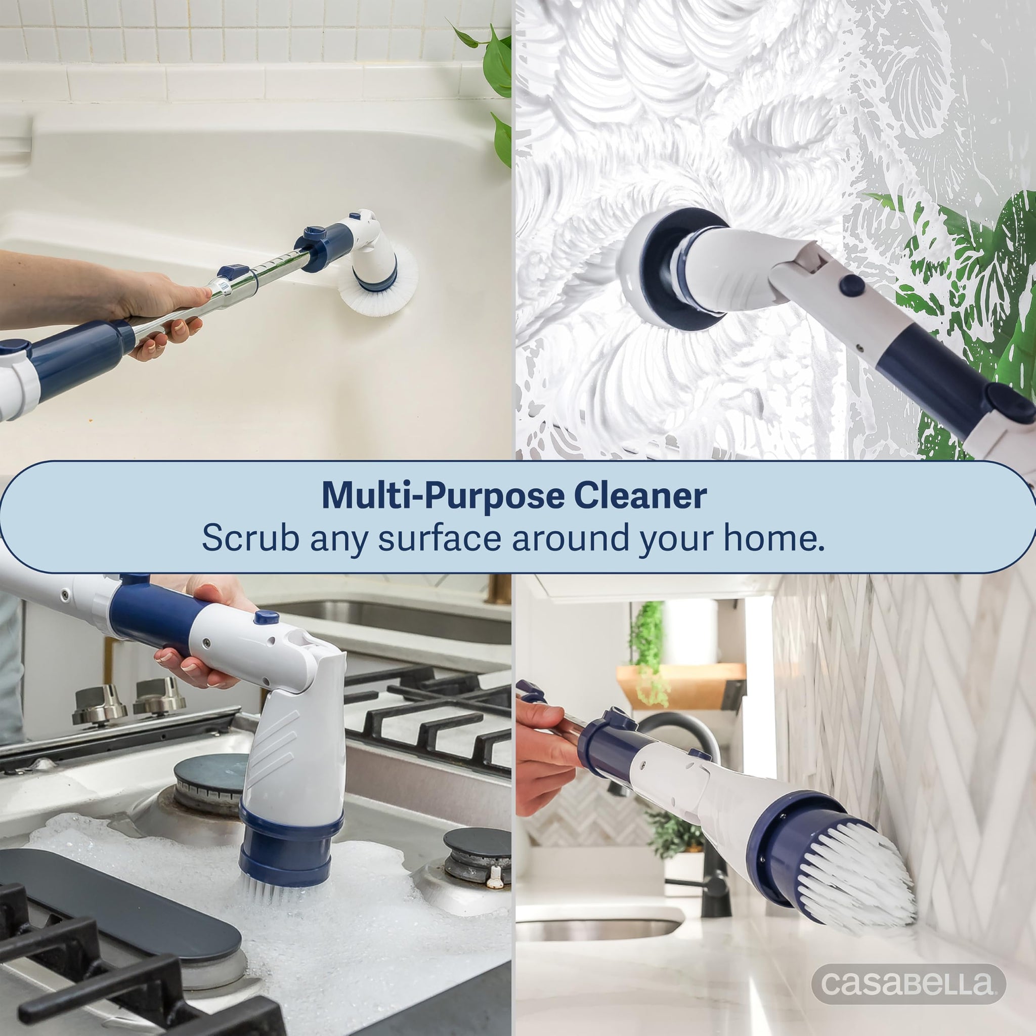 Casabella Power Spin Scrubber, Extendable to 47.5” - Cordless Electric Cleaner for Shower, Kitchen, Bathroom, Tile, Tub, Car, Deck - Rechargeable Spin