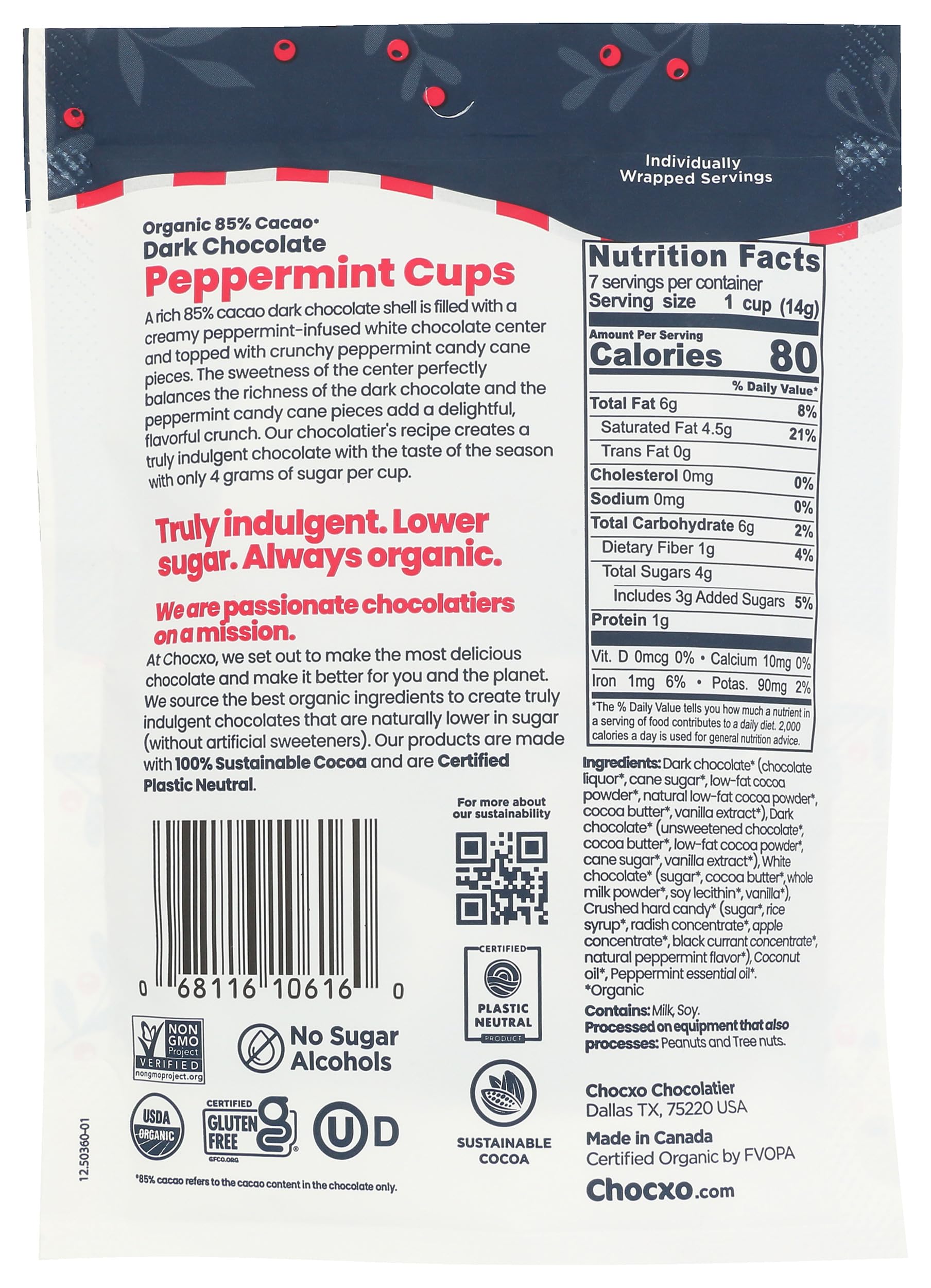 Chocxo, Organic Dark Chocolate Peppermint Cup, 3.45 Ounce