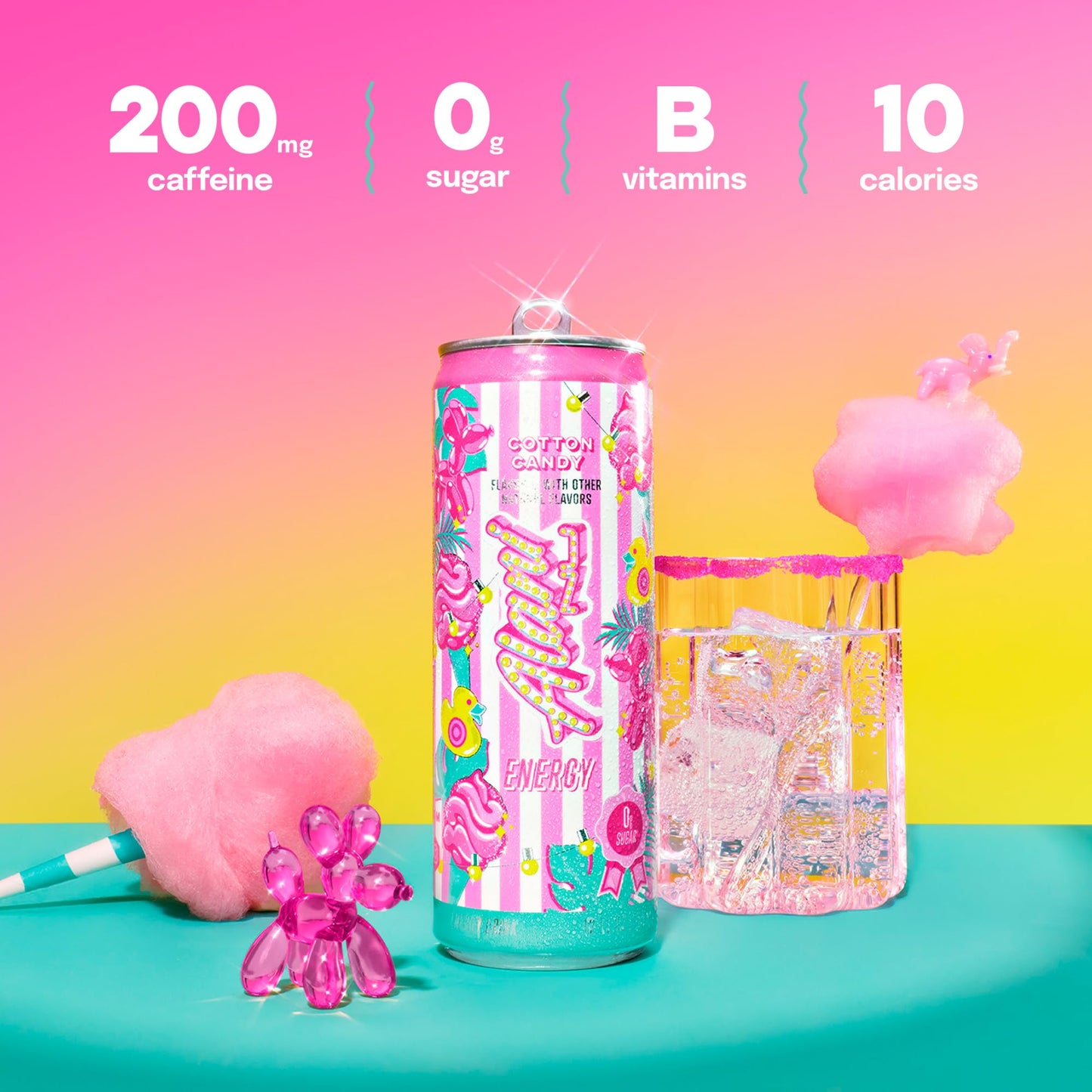 Alani Nu COTTON CANDY Sugar Free, Low Calorie Energy Drinks, 200mg Caffeine, Biotin B Vitamins, Zero Sugar, 10 Calories, 12 Fl Oz Cans, 24 Pack