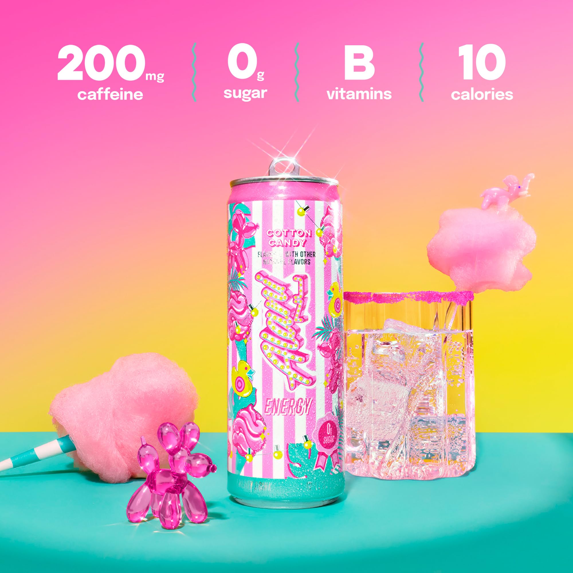 Alani Nu COTTON CANDY Sugar Free, Low Calorie Energy Drinks, 200mg Caffeine, Biotin B Vitamins, Zero Sugar, 10 Calories, 12 Fl Oz Cans, 24 Pack