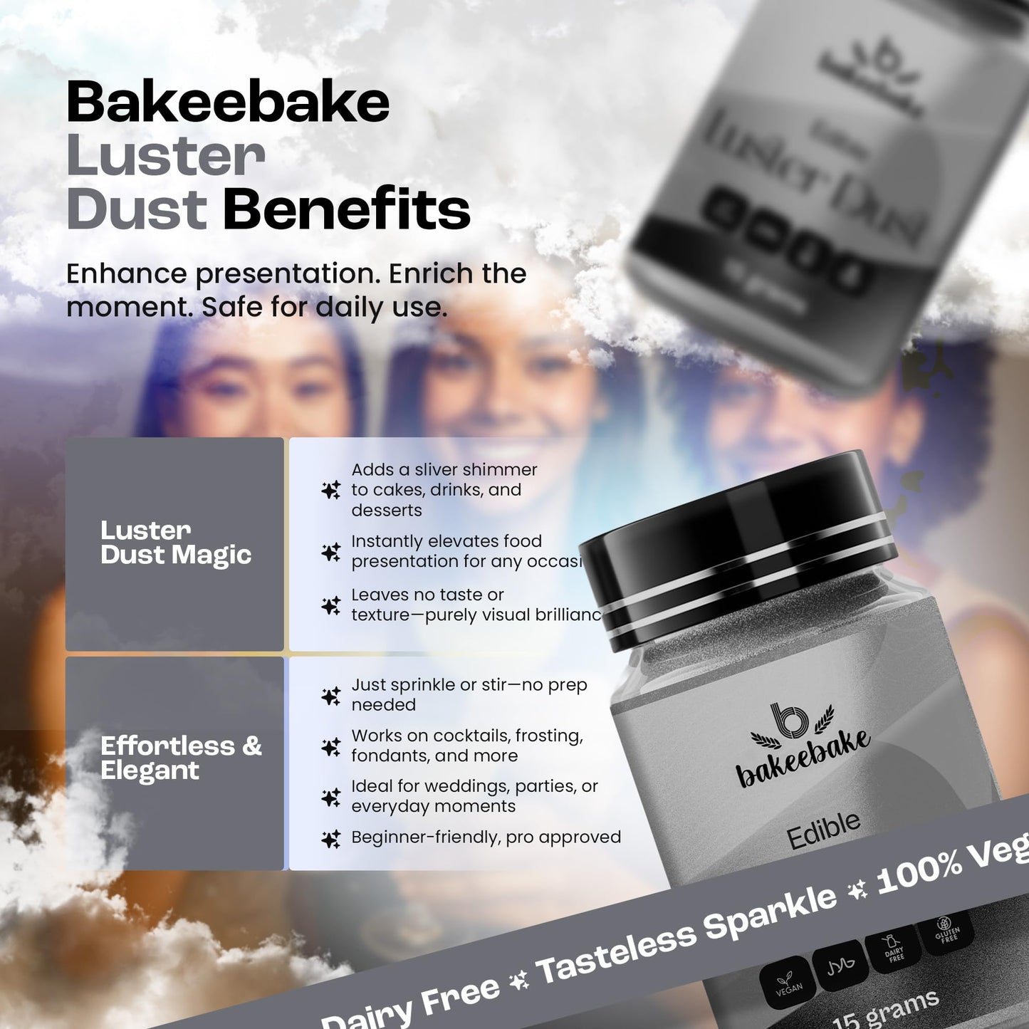 Bakeebake Silver Luster Dust Edible 15g - Edible Glitter for Drinks & Desserts - Gluten Free Edible Silver Dust for Cake Decorating - Tasteless Vegan