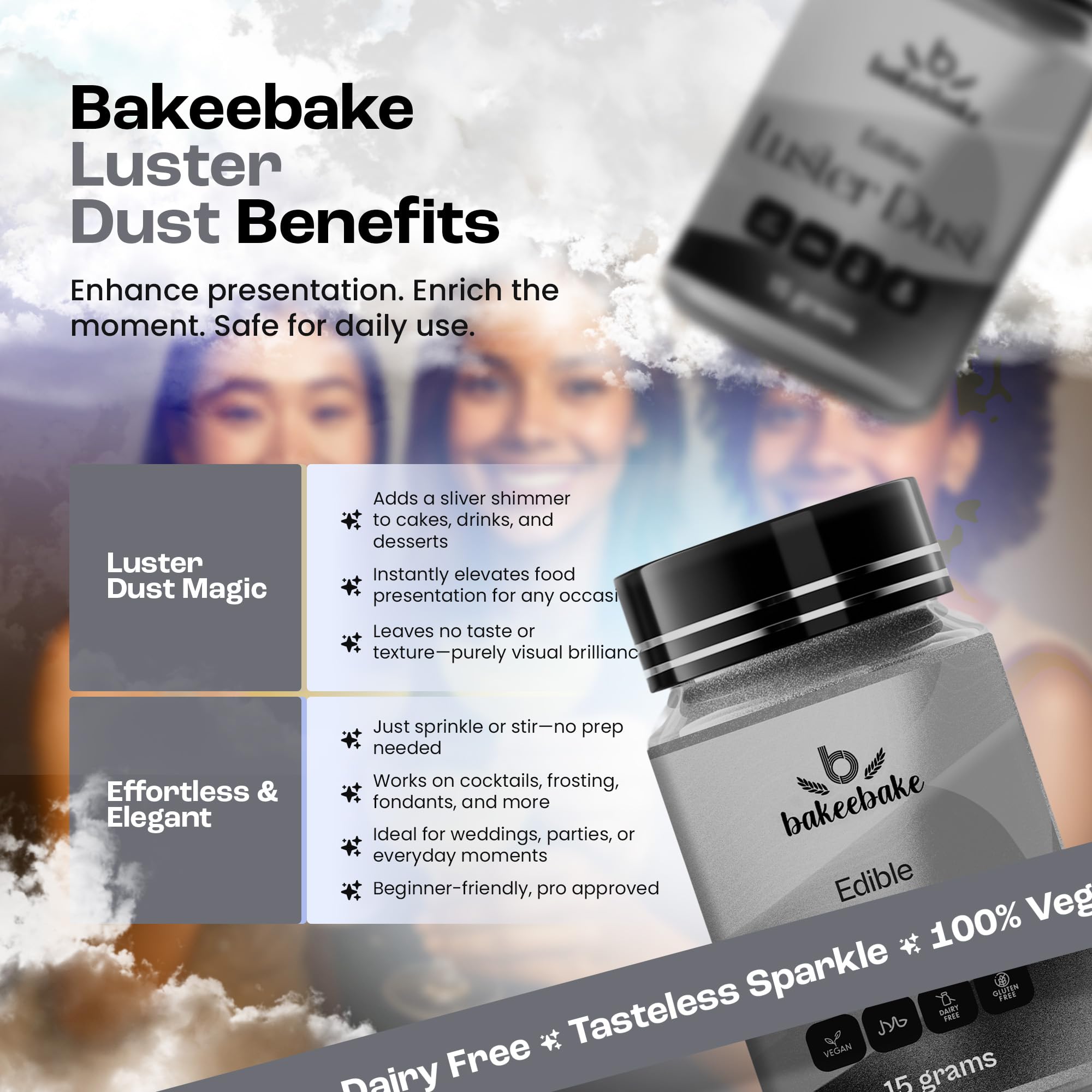 Bakeebake Silver Luster Dust Edible 15g - Edible Glitter for Drinks & Desserts - Gluten Free Edible Silver Dust for Cake Decorating - Tasteless Vegan