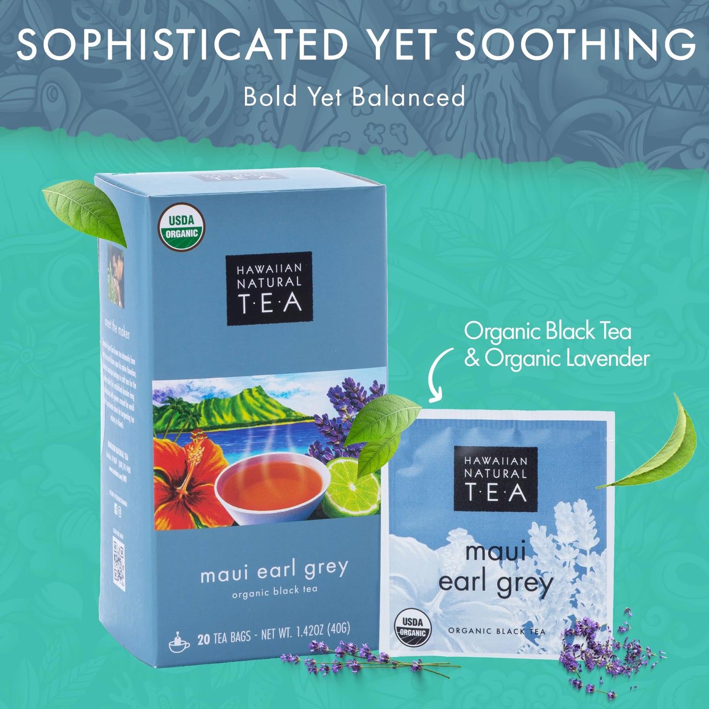 Hawaiian Natural Tea Organic Maui Lavender Earl Grey Bags - Premium Black Tea, Antioxidant Rich - 20 Bags