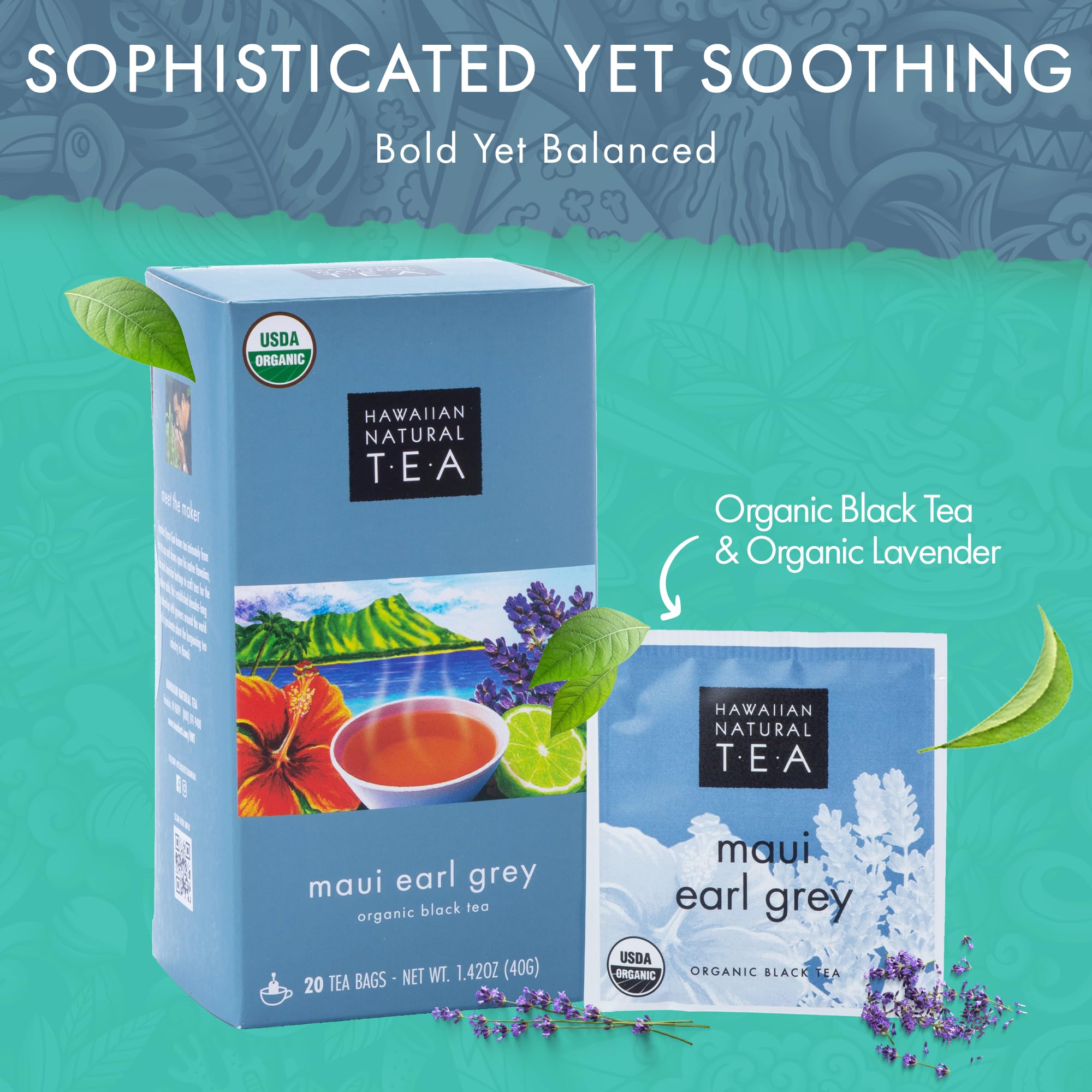 Hawaiian Natural Tea Organic Maui Lavender Earl Grey Bags - Premium Black Tea, Antioxidant Rich - 20 Bags