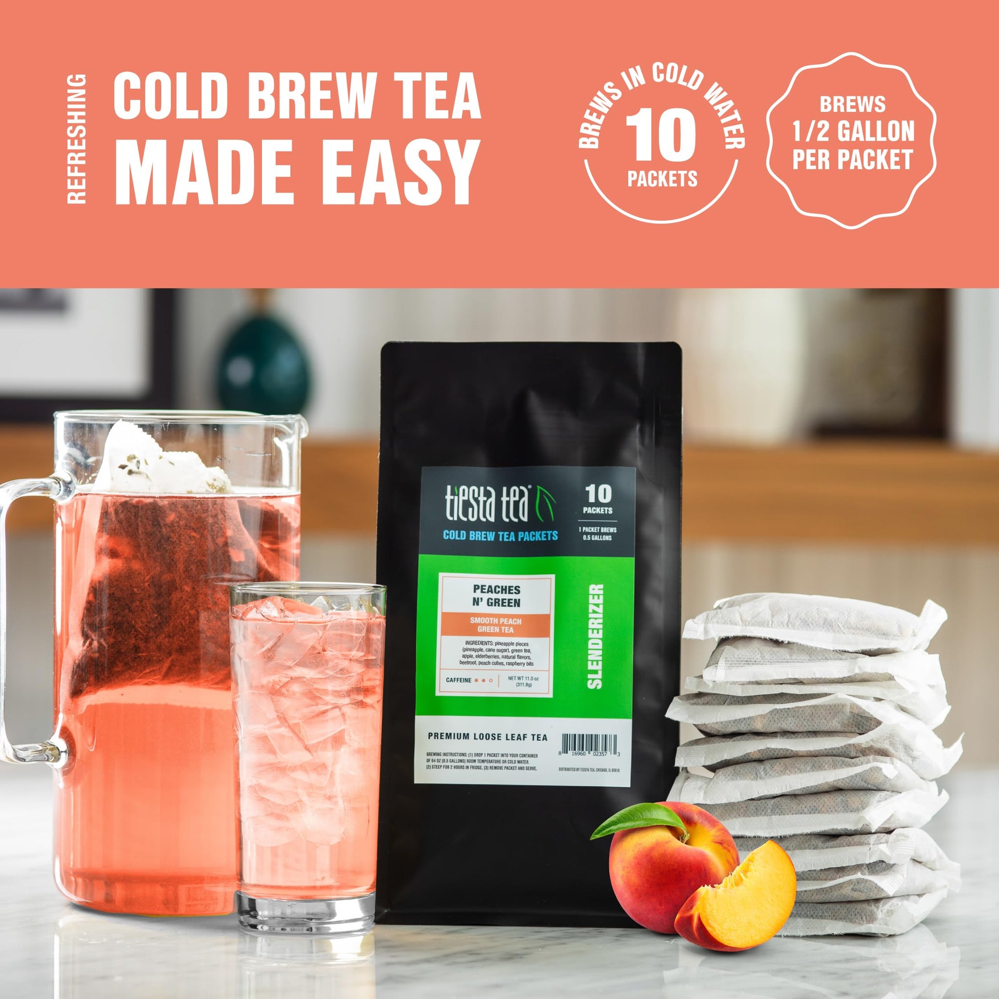 Tiesta Tea - Peaches N' Green Cold Brew, Loose Leaf, Smooth Peach Green Tea, Premium Medium Caffeinated Iced Drink, Cold Brew Packets, Makes 64 oz