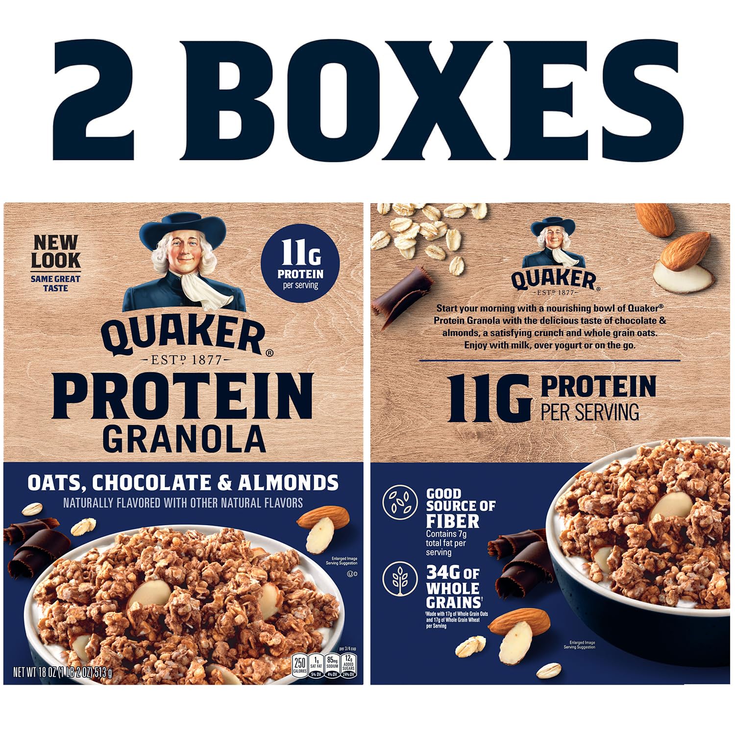 Quaker Protein Granola, Oats Chocolate, & Almonds, 18oz Boxes (2 Pack)