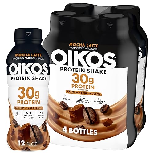 Oikos 30g Protein Shake, Mocha Latte, Shelf Stable, High Protein Drinks, Ready to Drink, 5g Prebiotic Fiber, 12 fl oz Bottle, 4 Count