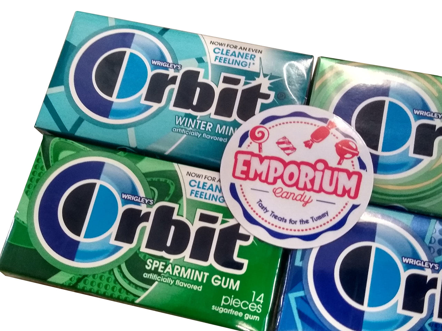EMPORIUM CANDY TASTY TREATS FOR THE TUMMY Orbit Gum Assortment - 1 Pack Each of Peppermint Spearmint Sweetmint Wintermint - 14 Pieces per Pack, Blue