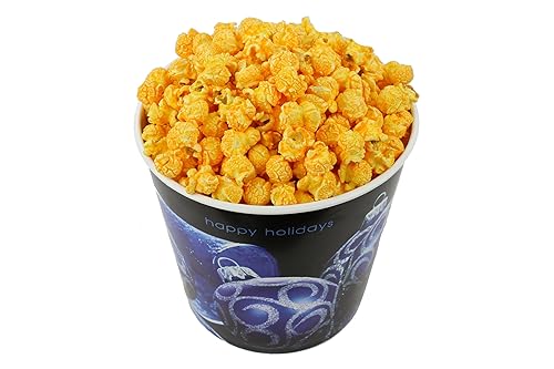 Signature Popcorn, 1-Gallon “Happy Holidays” Blue Ornament Gift Bucket, Cheddar Cheese Popcorn, Reusable Plastic Container, Gourmet Snack
