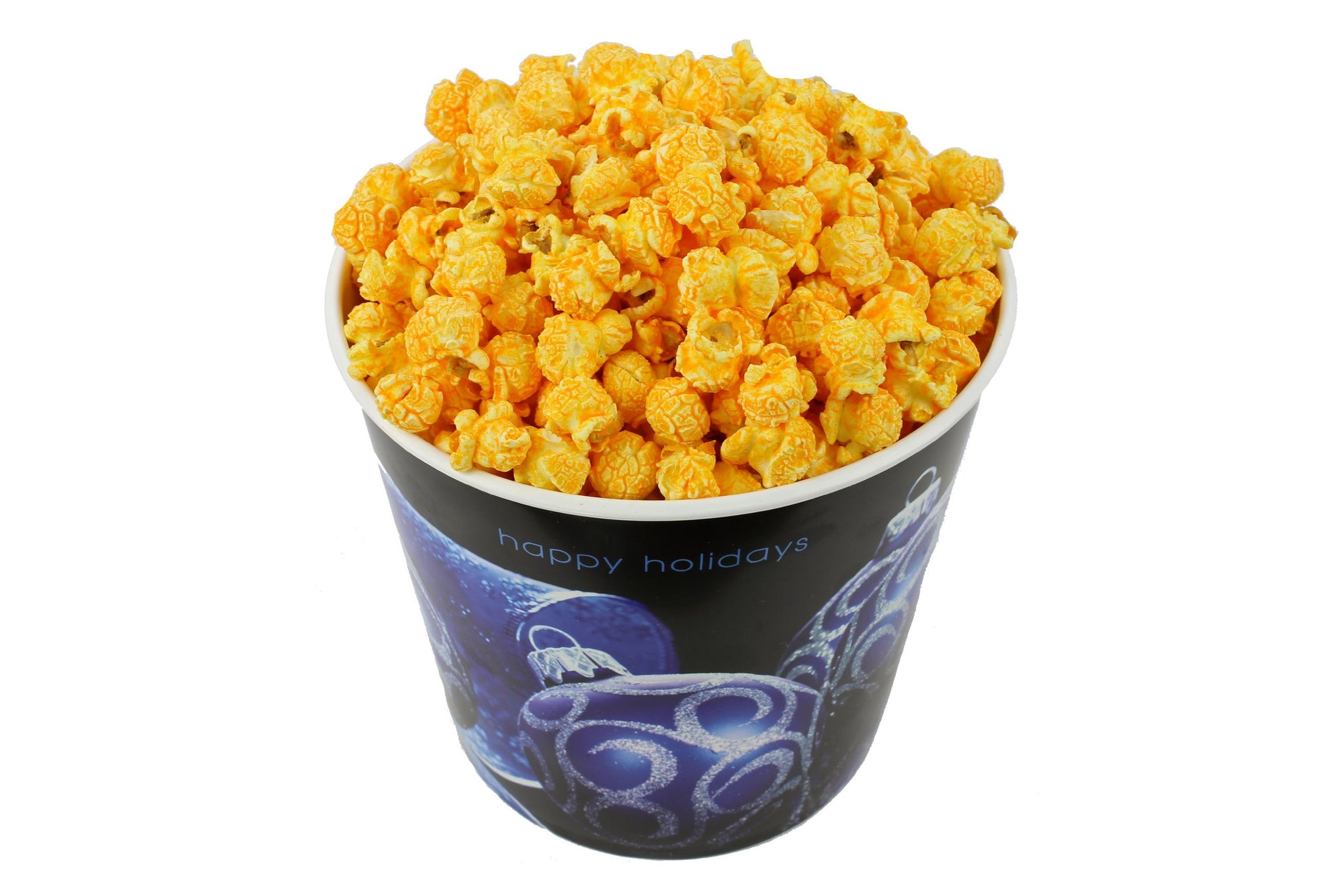 Signature Popcorn, 1-Gallon “Happy Holidays” Blue Ornament Gift Bucket, Cheddar Cheese Popcorn, Reusable Plastic Container, Gourmet Snack
