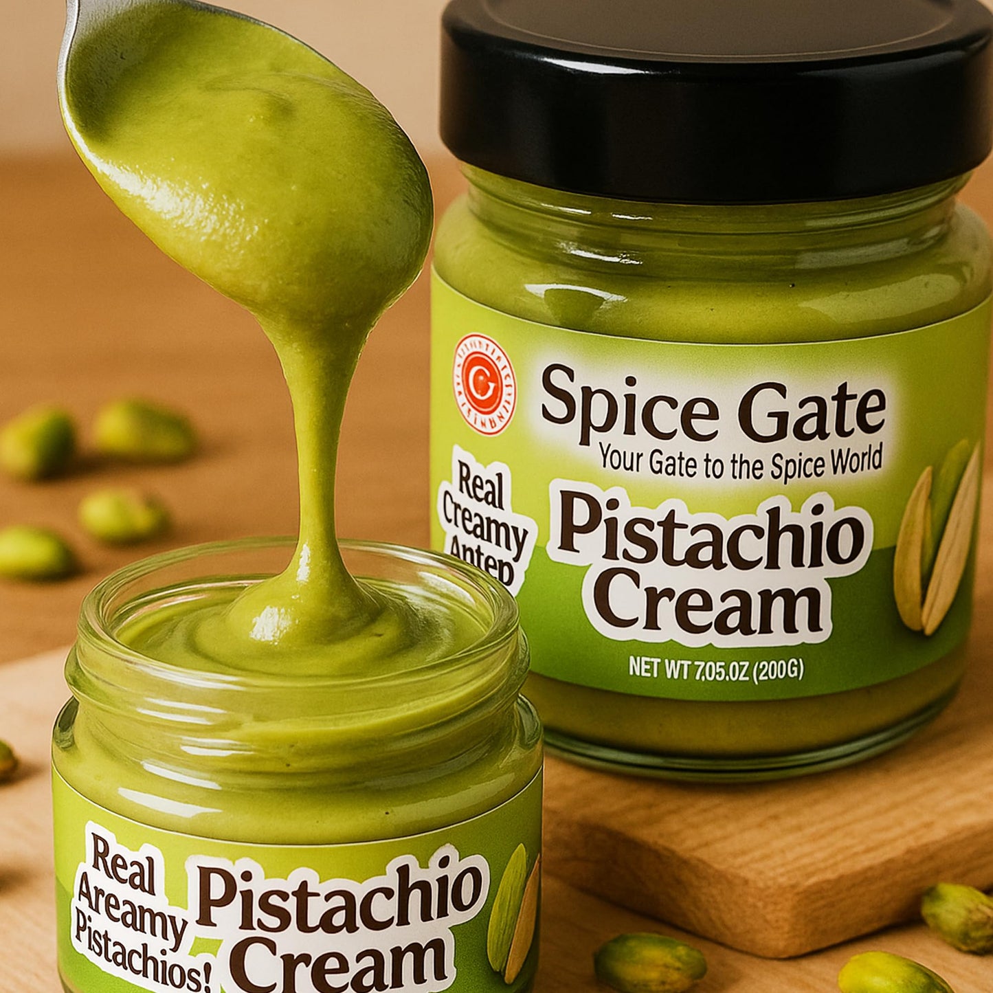 Spice Gate Pistachio Cream - Real Creamy Antep Pistachios - Premium Dessert Spread, Rich & Smooth Texture - 7.05 oz (200g) Jar - Made in Turkey