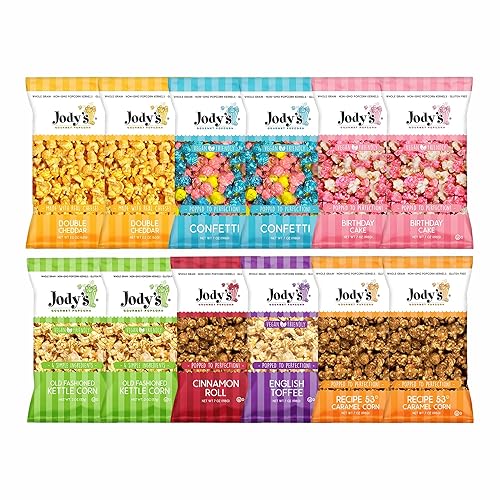 Jody’s Gourmet Popcorn 6-Pack Variety - R53 Caramel Corn x2 (7 oz), Kettle Corn x2 (2 oz), Double Cheddar x2 (2.2 oz) - Sweet & Savory Snack Mix