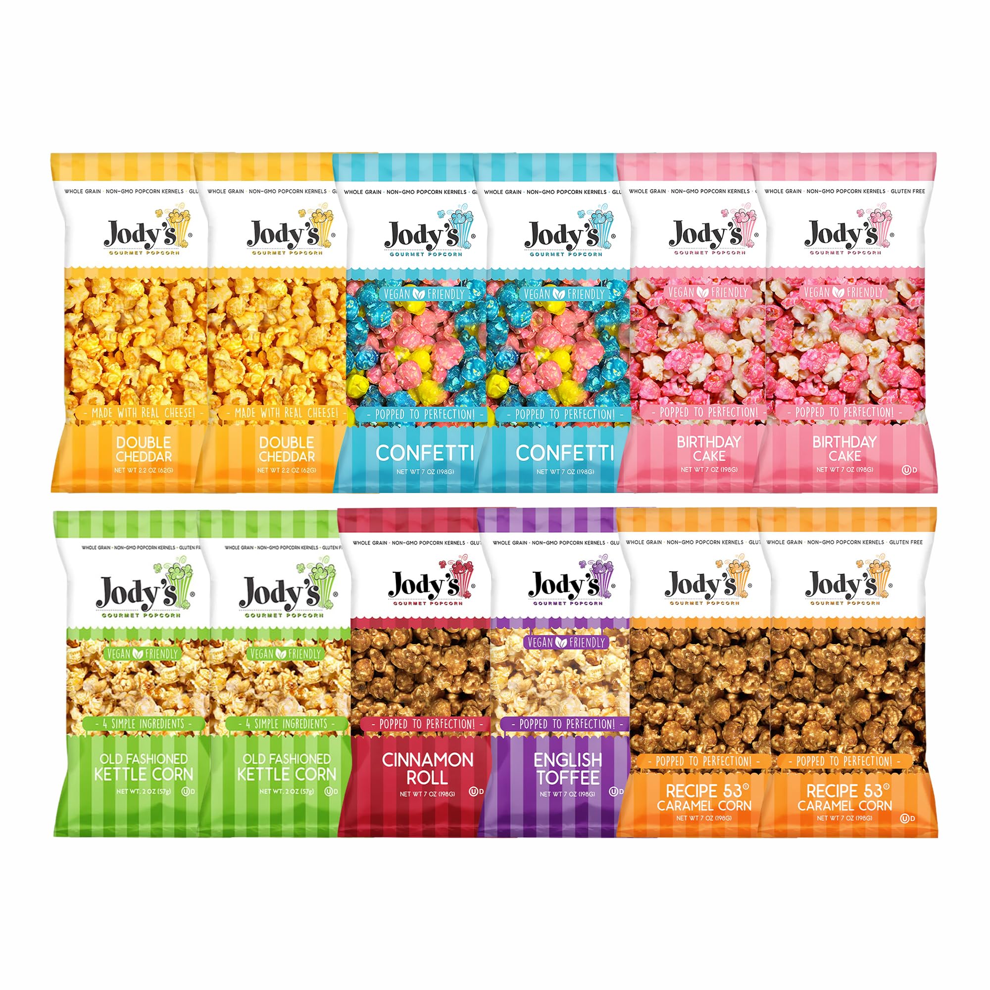 Jody’s Gourmet Popcorn 6-Pack Variety - R53 Caramel Corn x2 (7 oz), Kettle Corn x2 (2 oz), Double Cheddar x2 (2.2 oz) - Sweet & Savory Snack Mix