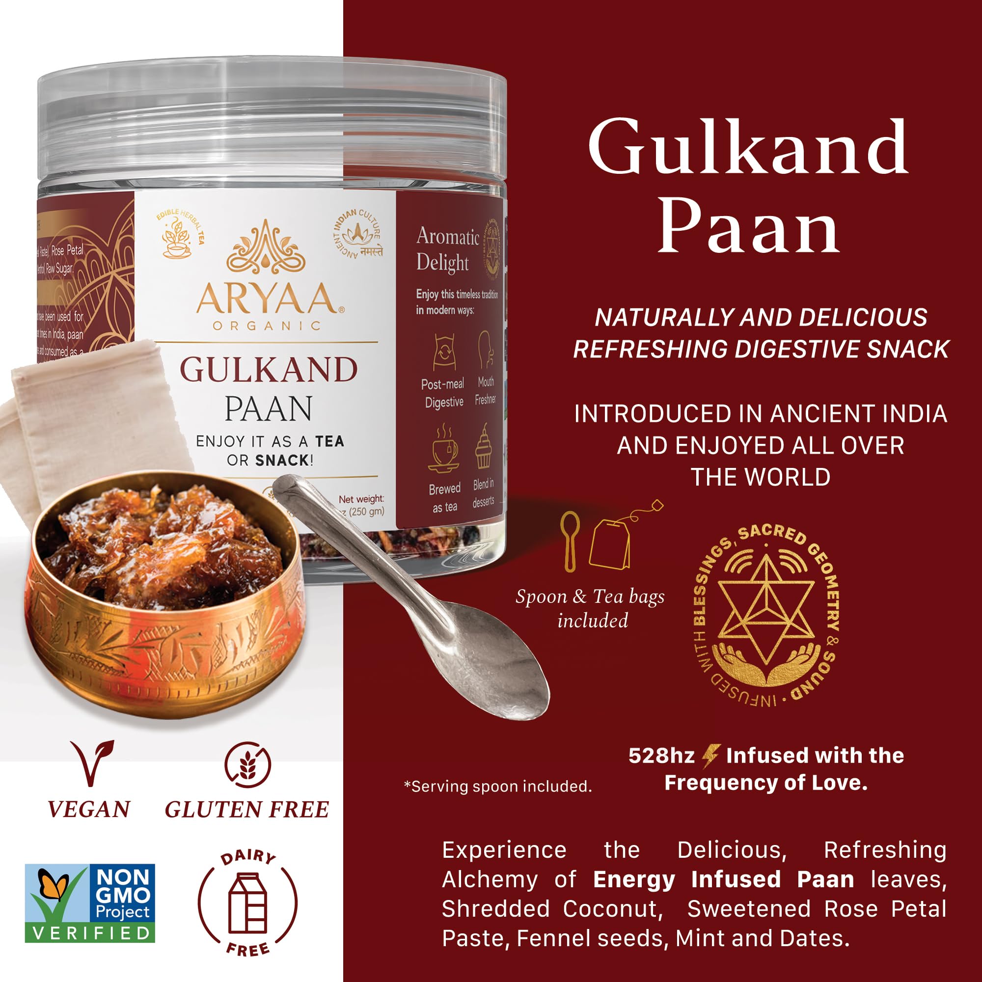 Aryaa Organic Gulkand Paan l 8.75oz (250g)| Herbal Tea & Digestive Snack | | Shredded l 100% Natural, Vegan, Gluten-Friendly | Sound-Infused, Non-GMO