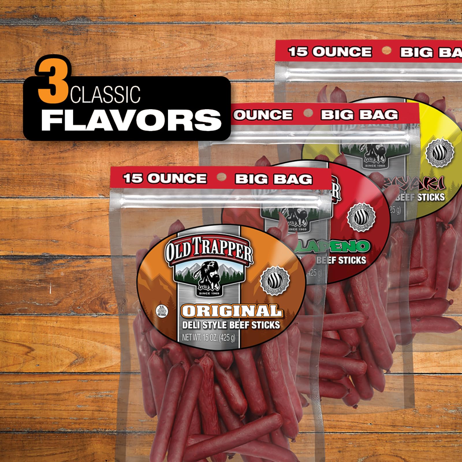 Old Trapper Original Deli-Style Beef Sticks,15-Ounce Package, Perfect for On-the-Go Snacking, Six Grams of Protein and Zero Grams of Sugar per Serving