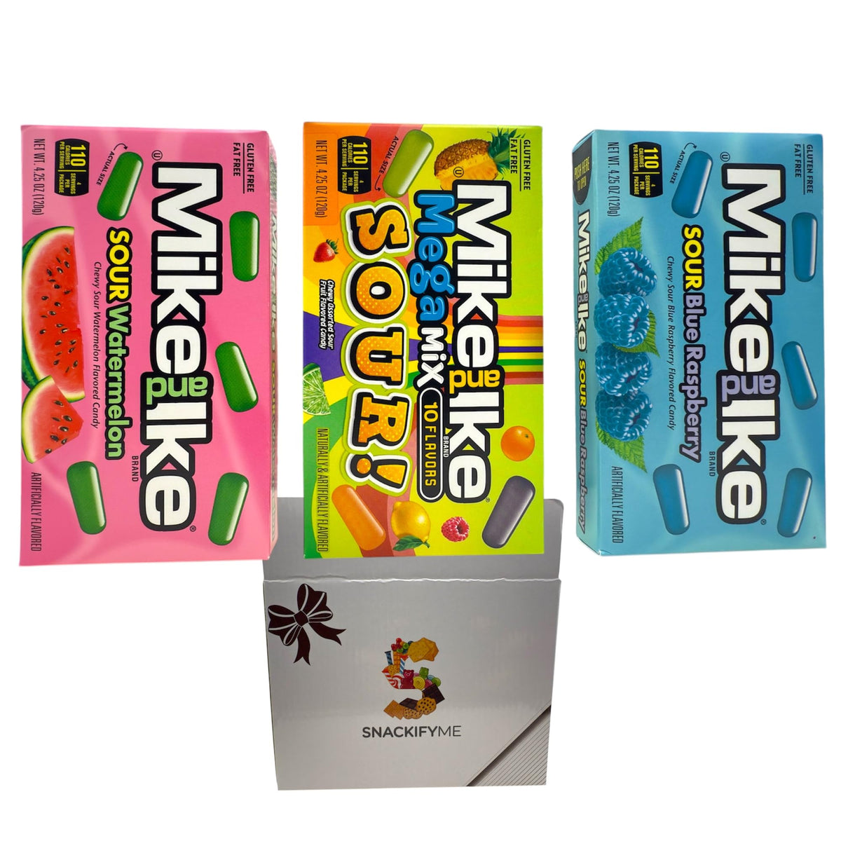 SnackifyMe Gift Box Of Mike and Ike Chewy Sour Candy 3-Pack Variety - Sour Watermelon, Mega Mix, Blue Raspberry, Gluten-Free Candy Assortment, 3 x