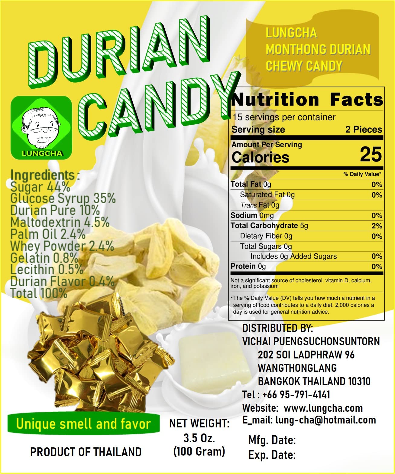LUNGCHA DURIAN Toffee Flavors Fruit Candy, the product of Thailand 3.5 Oz (100 gram) (Durian)