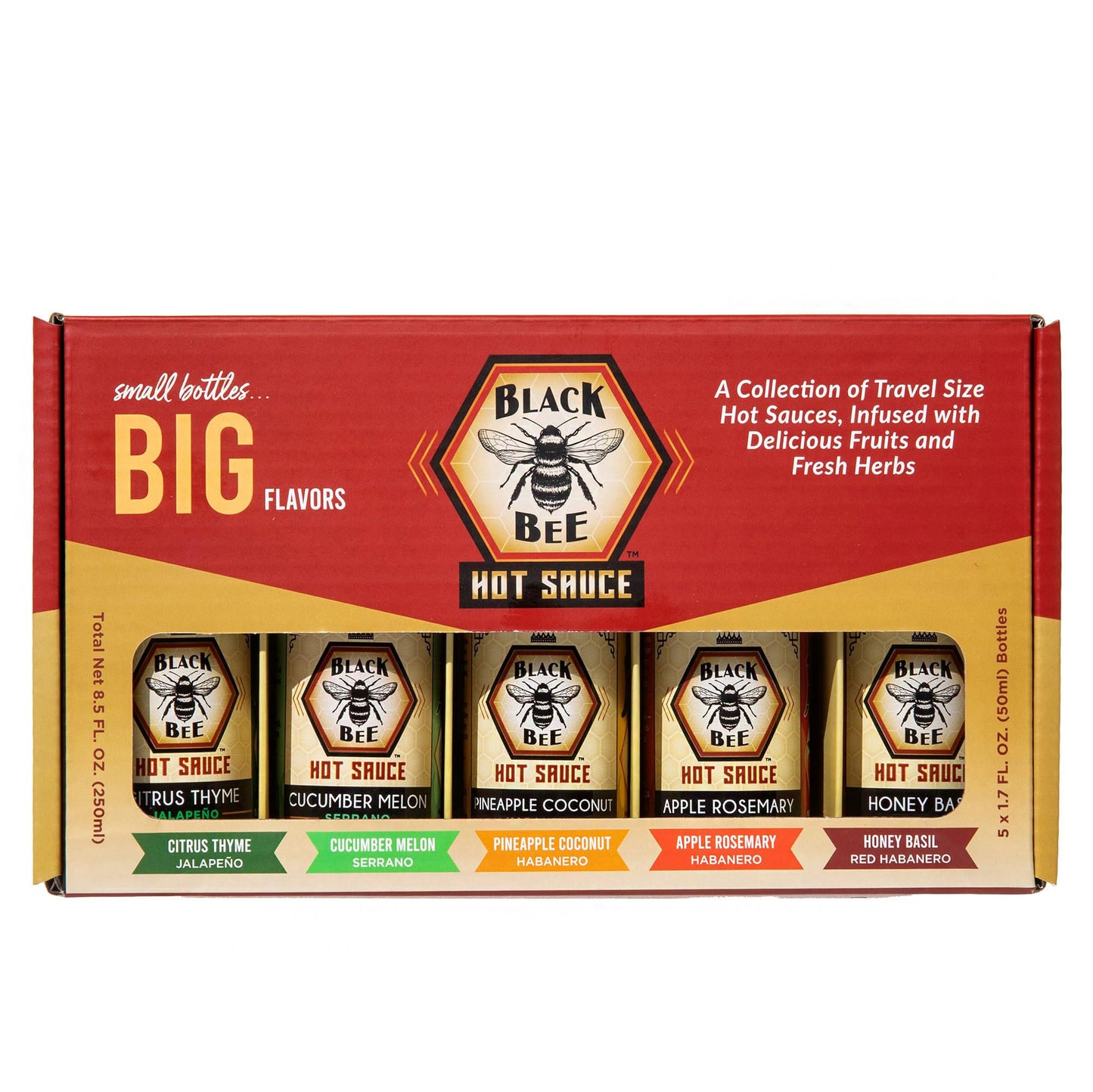Black Bee Sampler Gift Set Gourmet Hot Sauce Variety Pack, 5 x 1.7 oz (50ml) Bottles, Mild To Hot Heat Levels, Small Batch Artisan Sauces, Unique