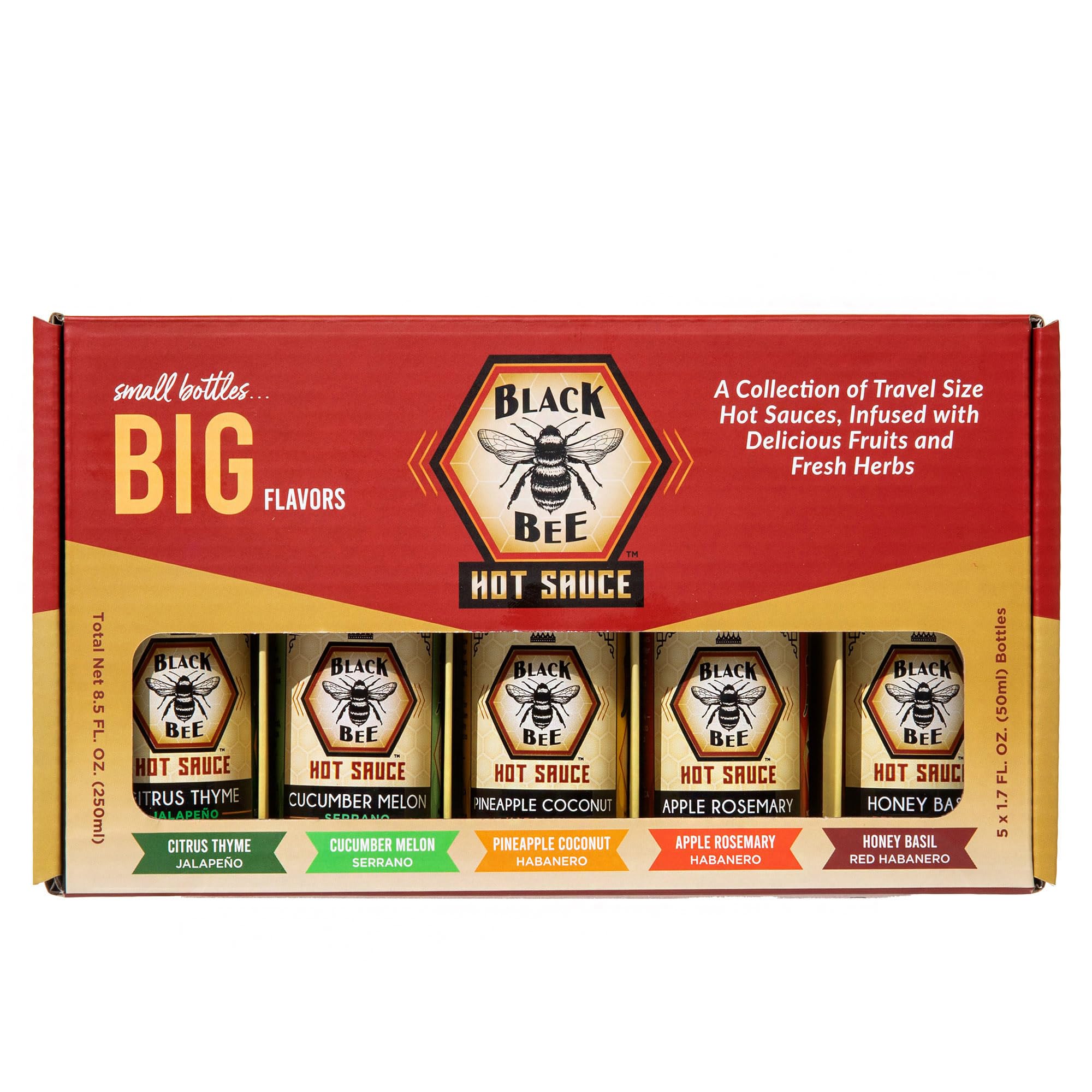 Black Bee Sampler Gift Set Gourmet Hot Sauce Variety Pack, 5 x 1.7 oz (50ml) Bottles, Mild To Hot Heat Levels, Small Batch Artisan Sauces, Unique