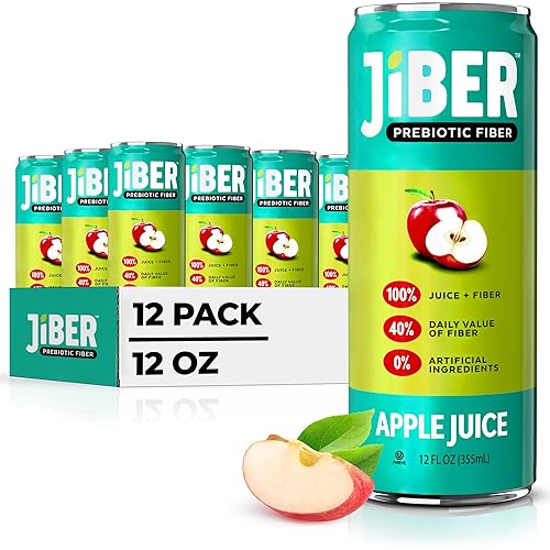 JIBER High Fiber Apple Juice Drink - No Sugar Added - 12 fl oz Apple Juice Cans with 40% Daily Fiber - Prebiotic Drink- Healthy Drinks for Kids