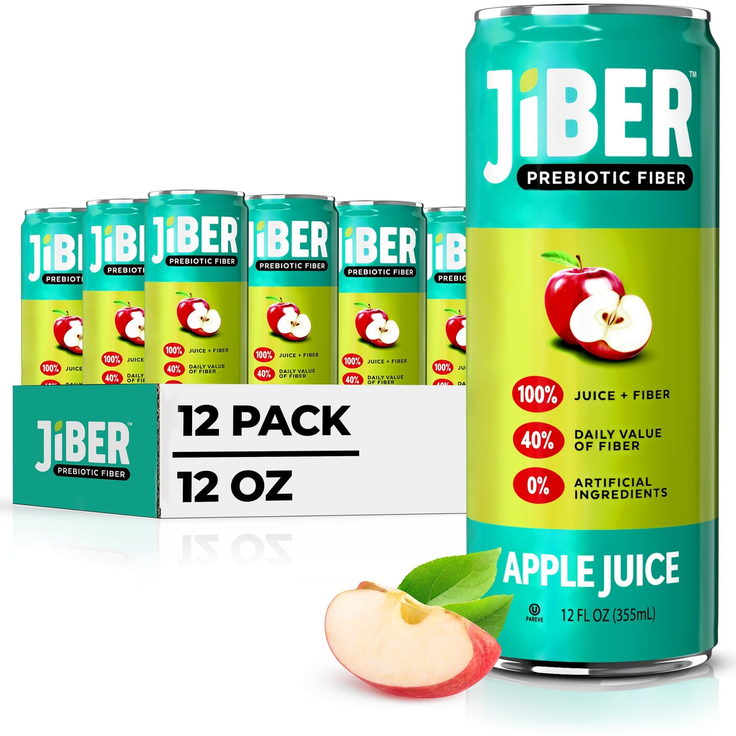 JIBER High Fiber Apple Juice Drink - No Sugar Added - 12 fl oz Apple Juice Cans with 40% Daily Fiber - Prebiotic Drink- Healthy Drinks for Kids