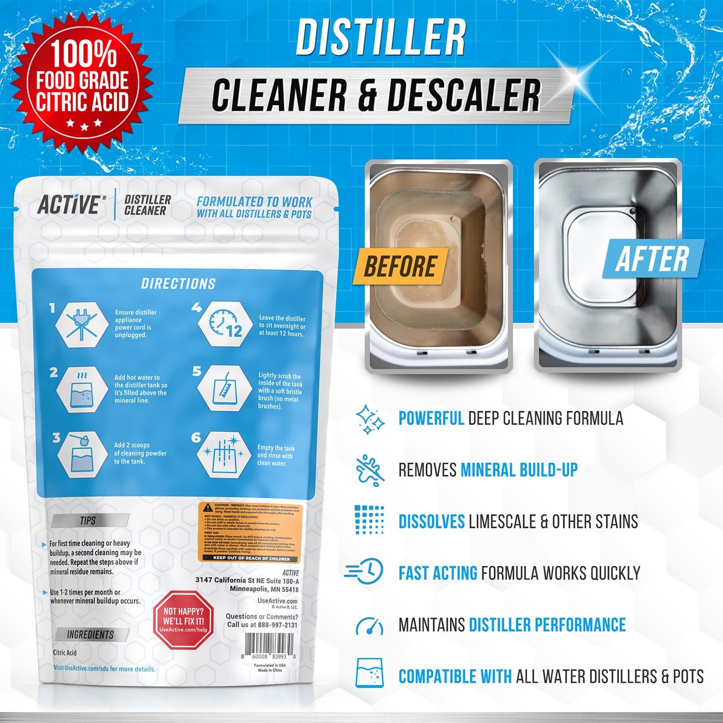 ACTIVE Distiller Descaler Citric Acid Cleaner - 2 Lb Bulk for Cleaning Water Distillers, Pure Citrus Acid Crystals Universal Residue Descaling