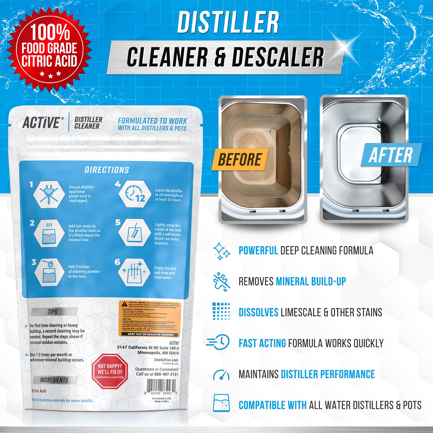ACTIVE Distiller Descaler Citric Acid Cleaner - 2 Lb Bulk for Cleaning Water Distillers, Pure Citrus Acid Crystals Universal Residue Descaling