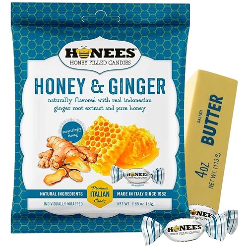 Honees Candy Honey & Ginger 2.85 oz (Pack of 1) - Honey lemon cough drops - candy with ginger - Soothing throat lozenges for adults - 2 items